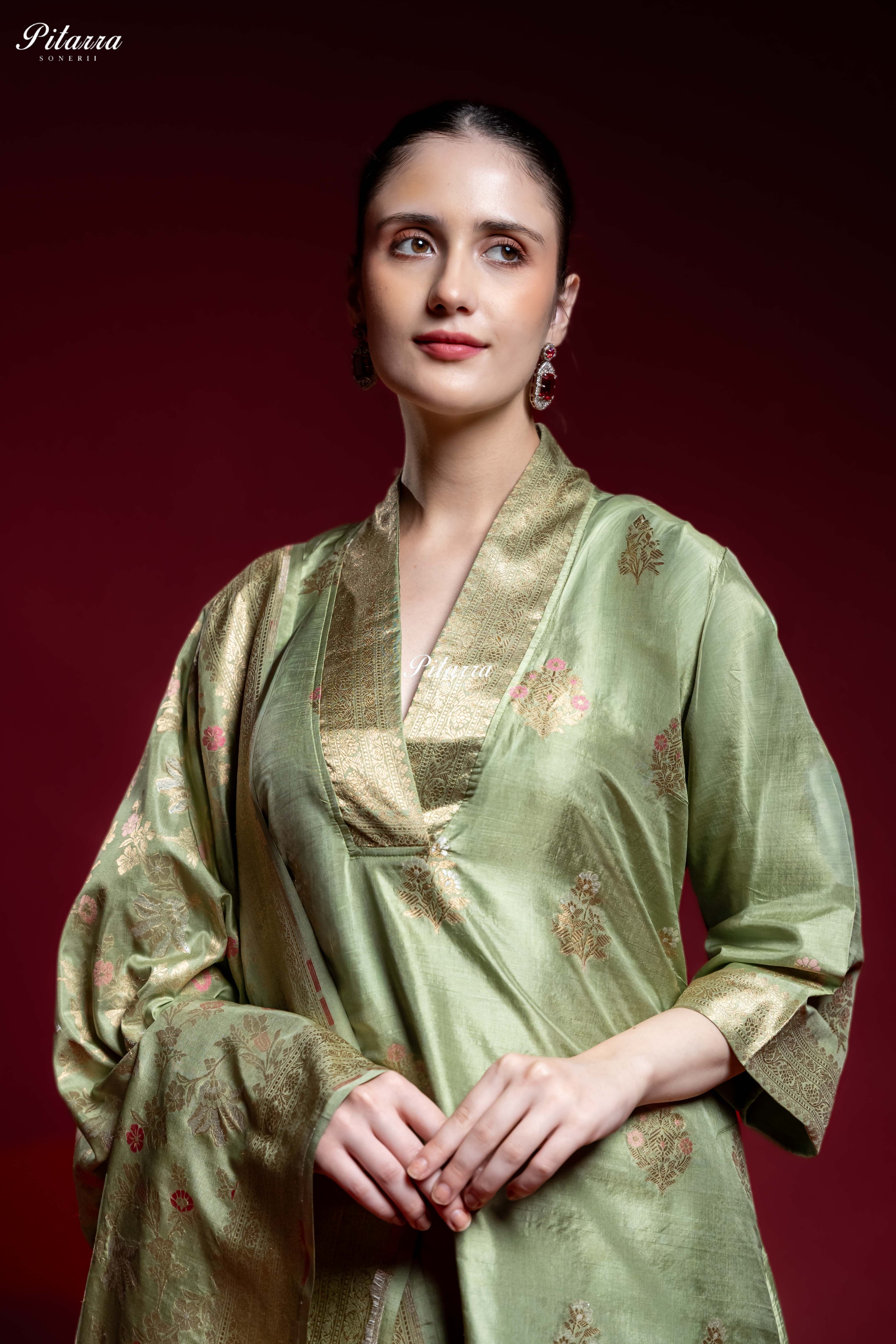 Sage Green Banarasi Silk Kurta Set with Matching Dupatta