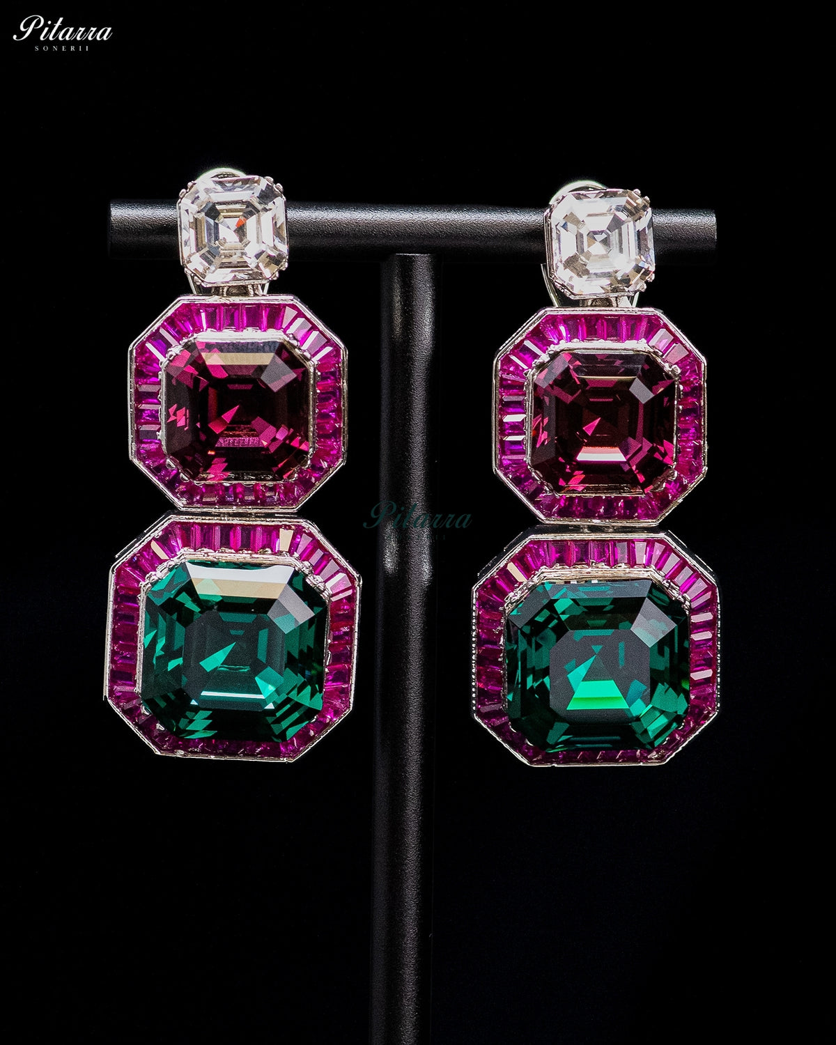 Pink and Green Crystal Geometric Statement Earrings