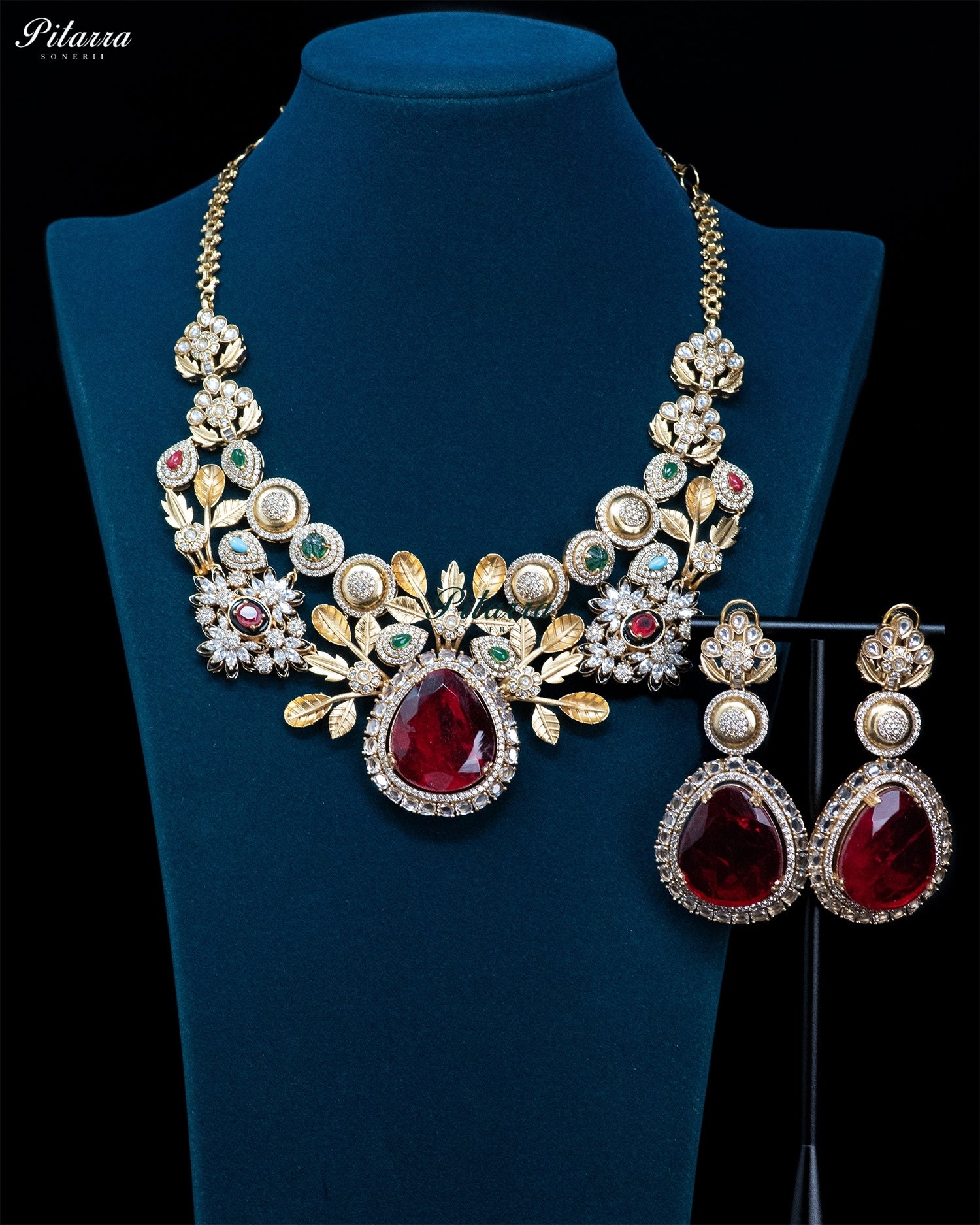 Red Teardrop Floral Kundan Necklace Set