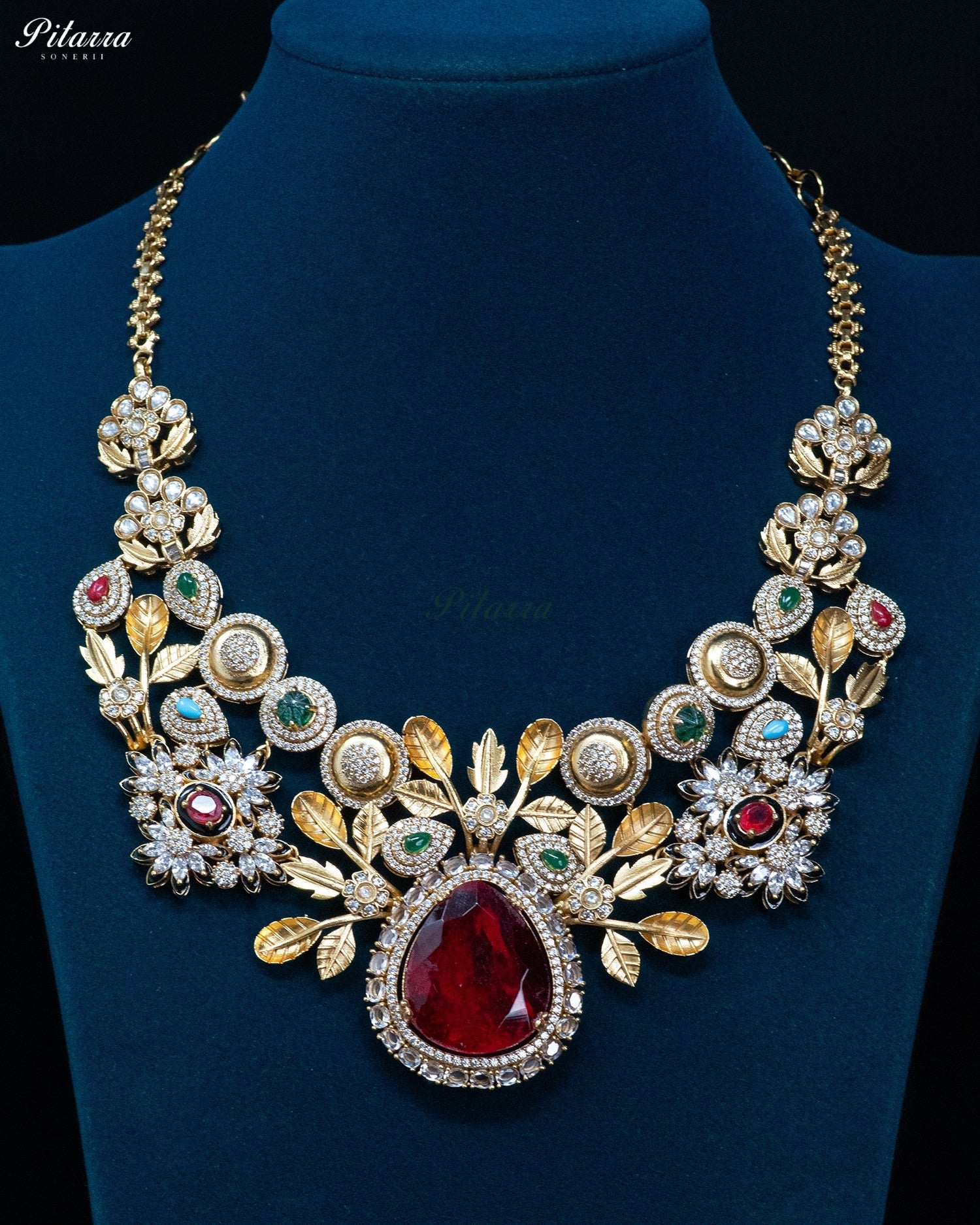 Red Teardrop Floral Kundan Necklace Set