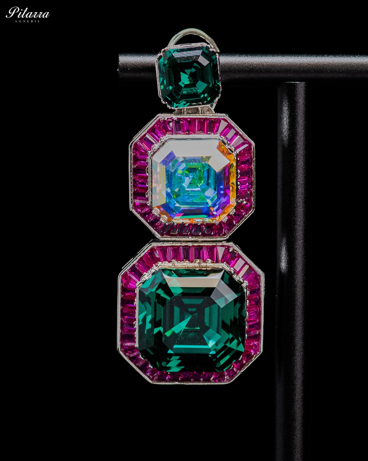 Green and Multicolor Crystal Geometric Statement Earrings