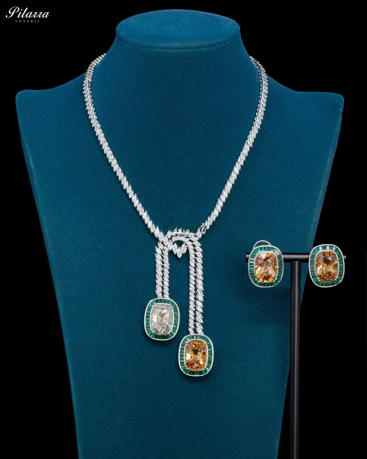 Champagne Stone Green Baguette Zircon Silver Crystal Lariat Necklace Set