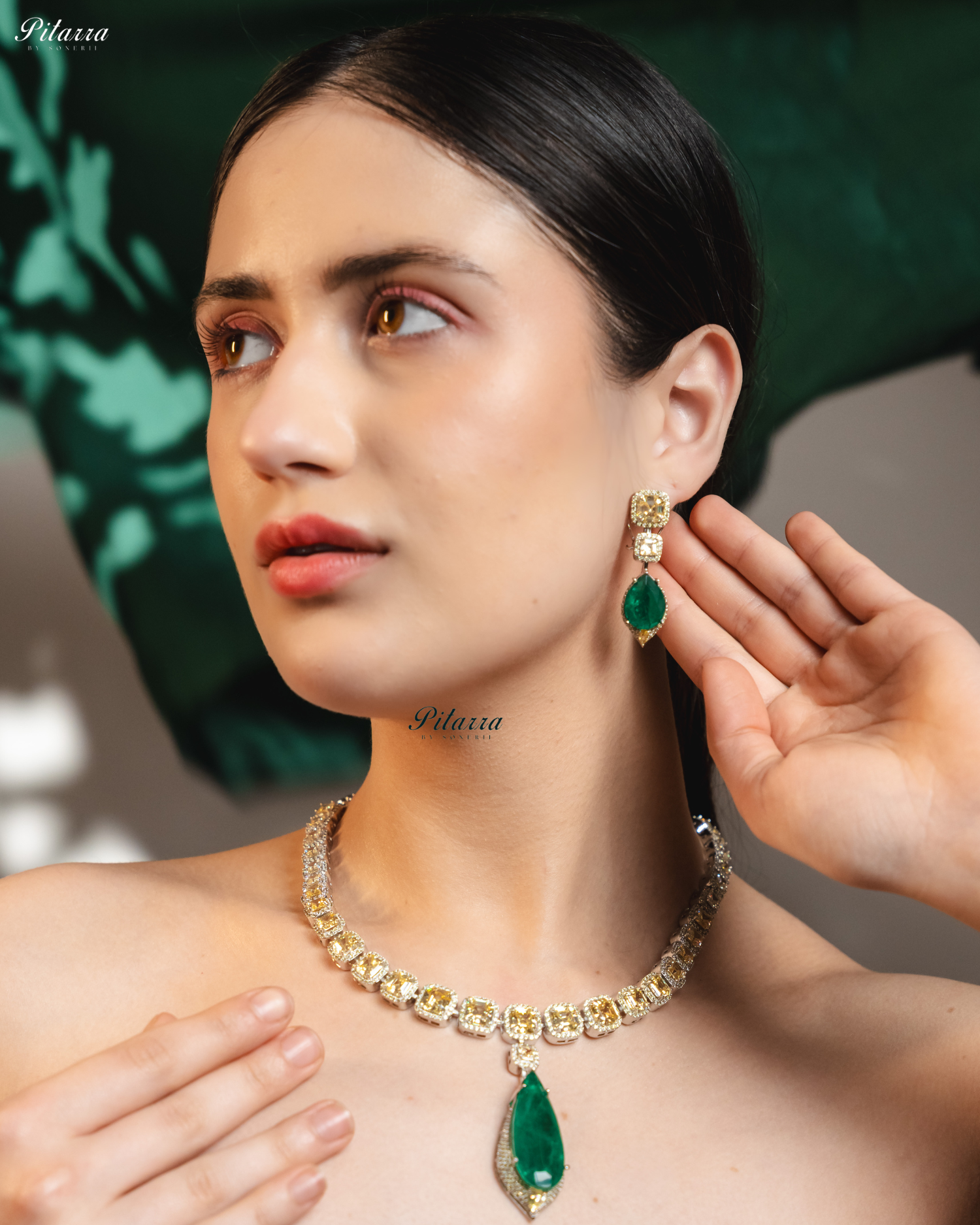 Emerald Crystals Cut Silver Plated Zircon Necklace Set