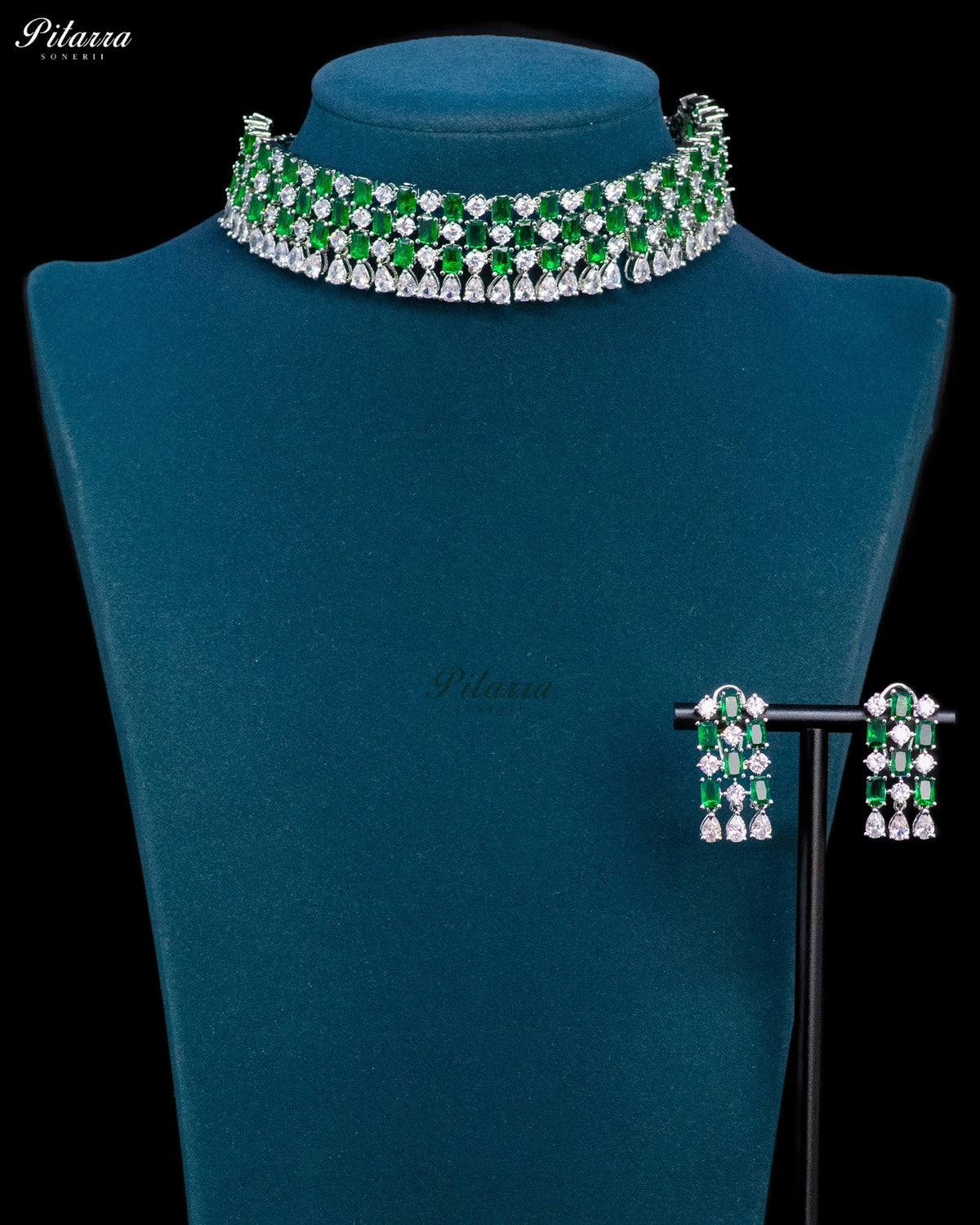 Emerald Green Emerald Cut Stone Zircon Silver Crystal Choker Necklace Set