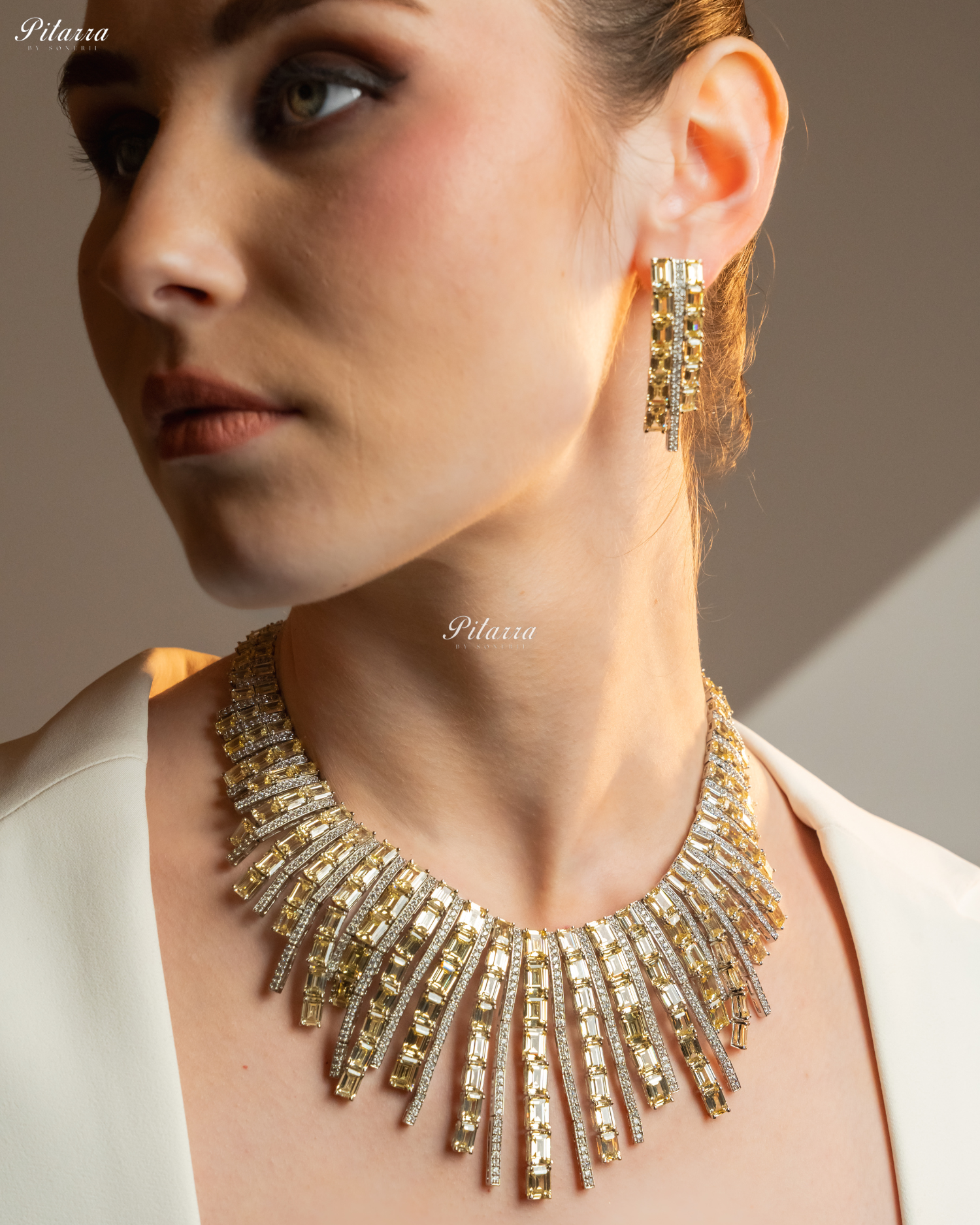 Silver Yellow Line Design Victorian Necklace Set