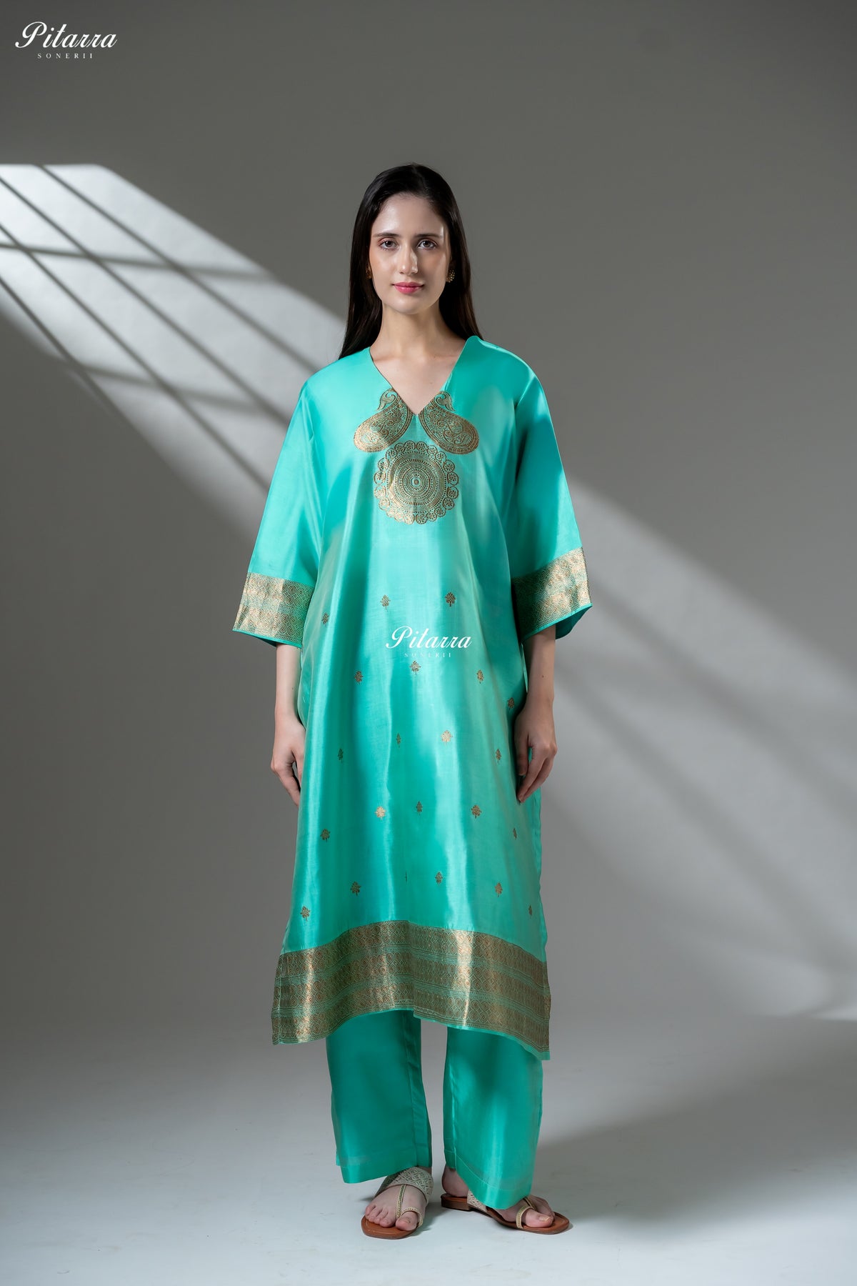 Turquoise Blue Gold Zari Embroidered Kurta Palazzo Set
