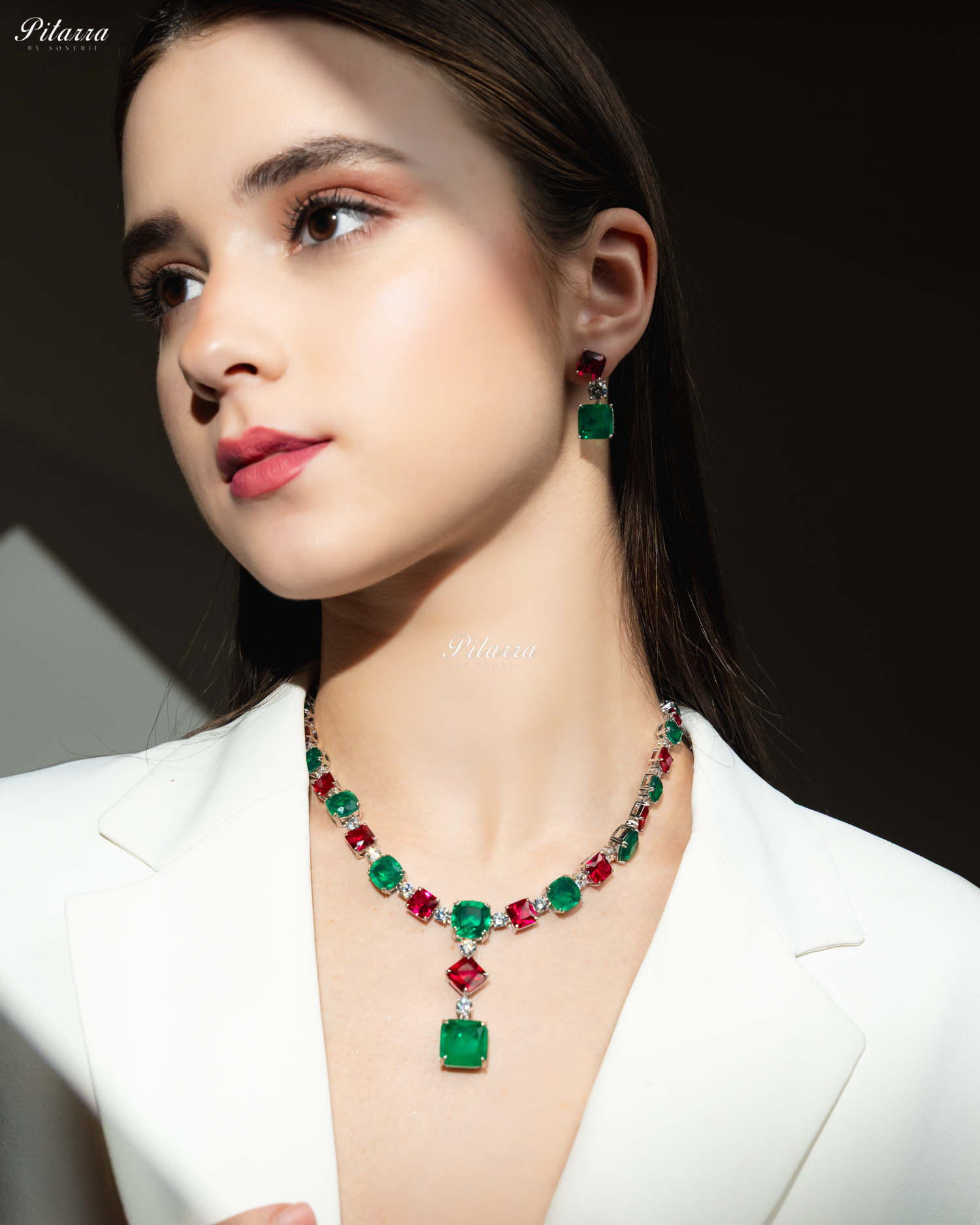 Pink and Emerald Magnifica 92.5 Silver Necklace Set