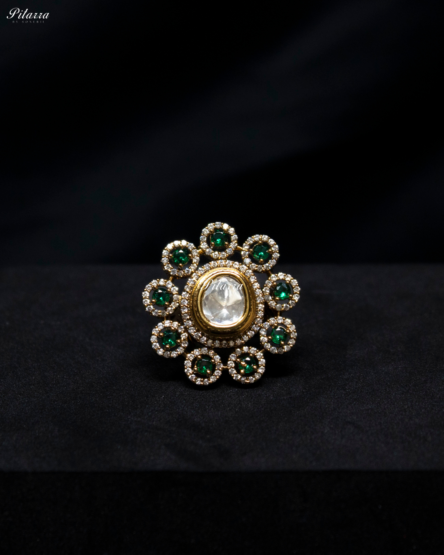 Emerald Stone Gold Finish Moissanite Kundan Choker Set