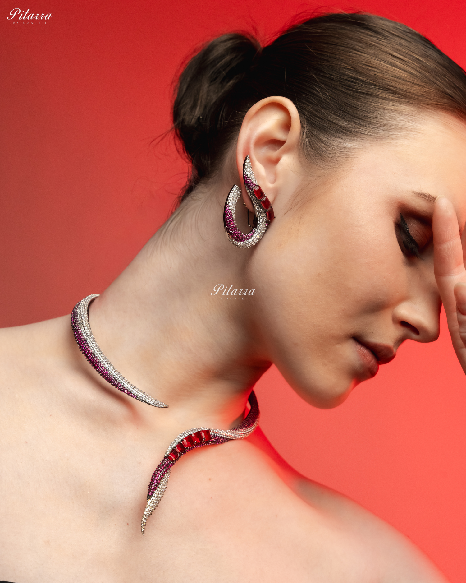 Red Stone Sleek CZ Choker Statement Necklace Set