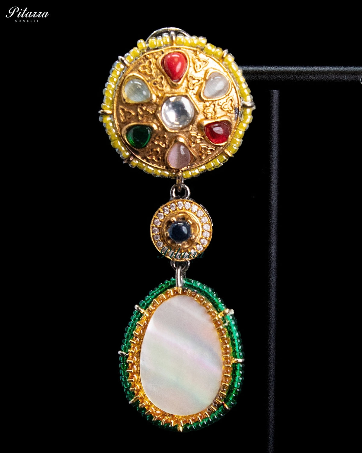 Royal Navratna Inspired Multicolor Kundan Gold Tone Dangler Earrings - Yellow & Green