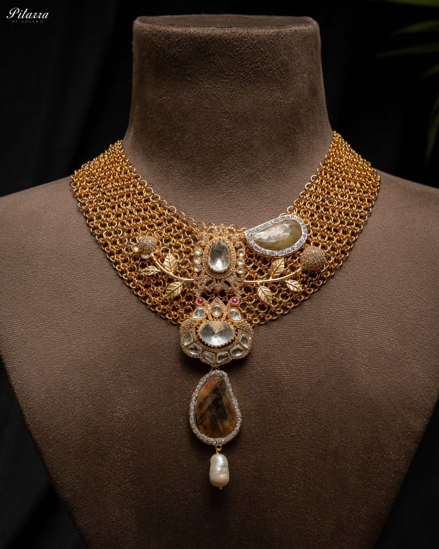 Antique Finish Golden Crystal Stone Kundan Set_Front Image
