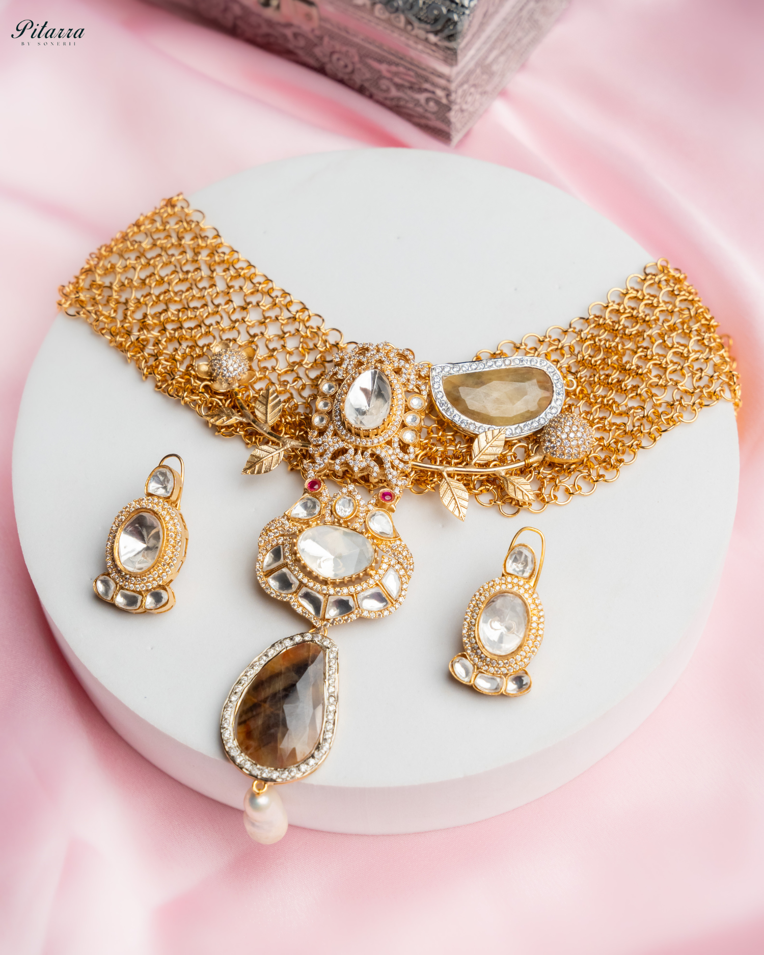Antique Finish Golden Crystal Stone Kundan Set_Main Image