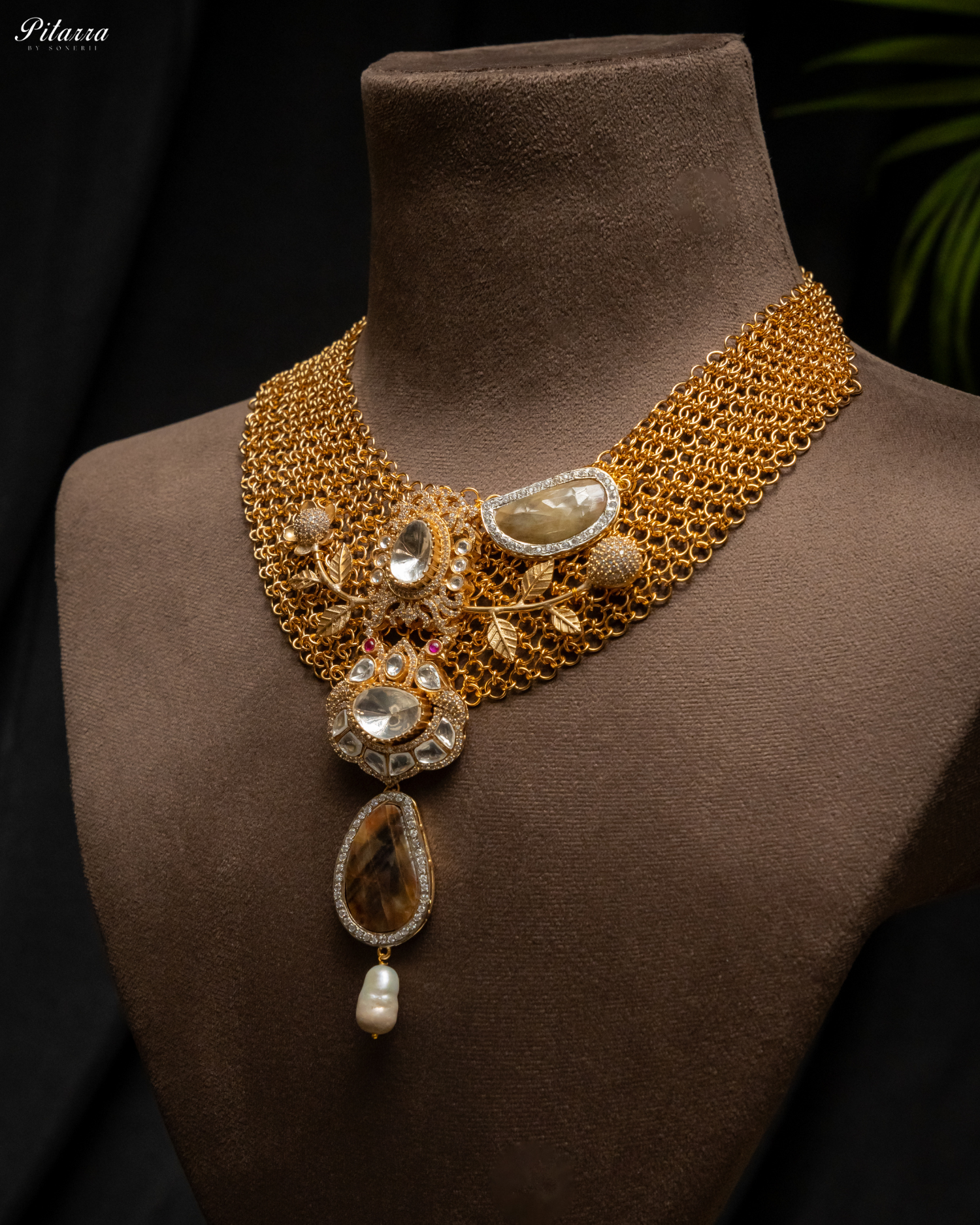Antique Finish Golden Crystal Stone Kundan Set_Side Angle