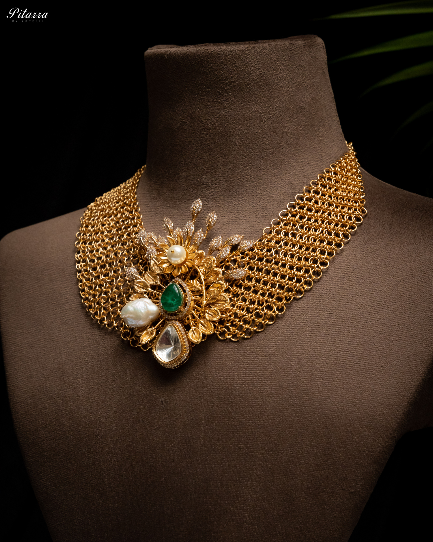 Antique Finish Golden Leaf Stone Kundan Set_Side Angle