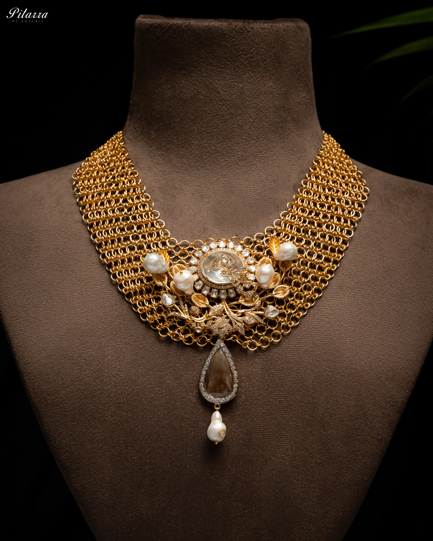 Antique Finish White Pearls Stone Kundan Set_Necklace