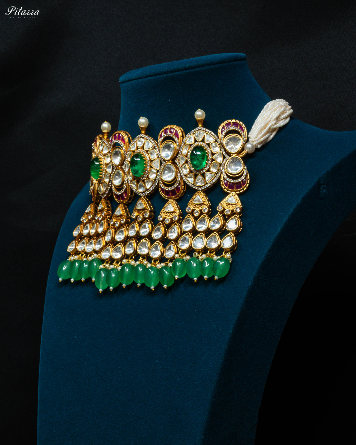 Antique Gold Plated Three Green Stone Kundan Jewelry_Side Angle
