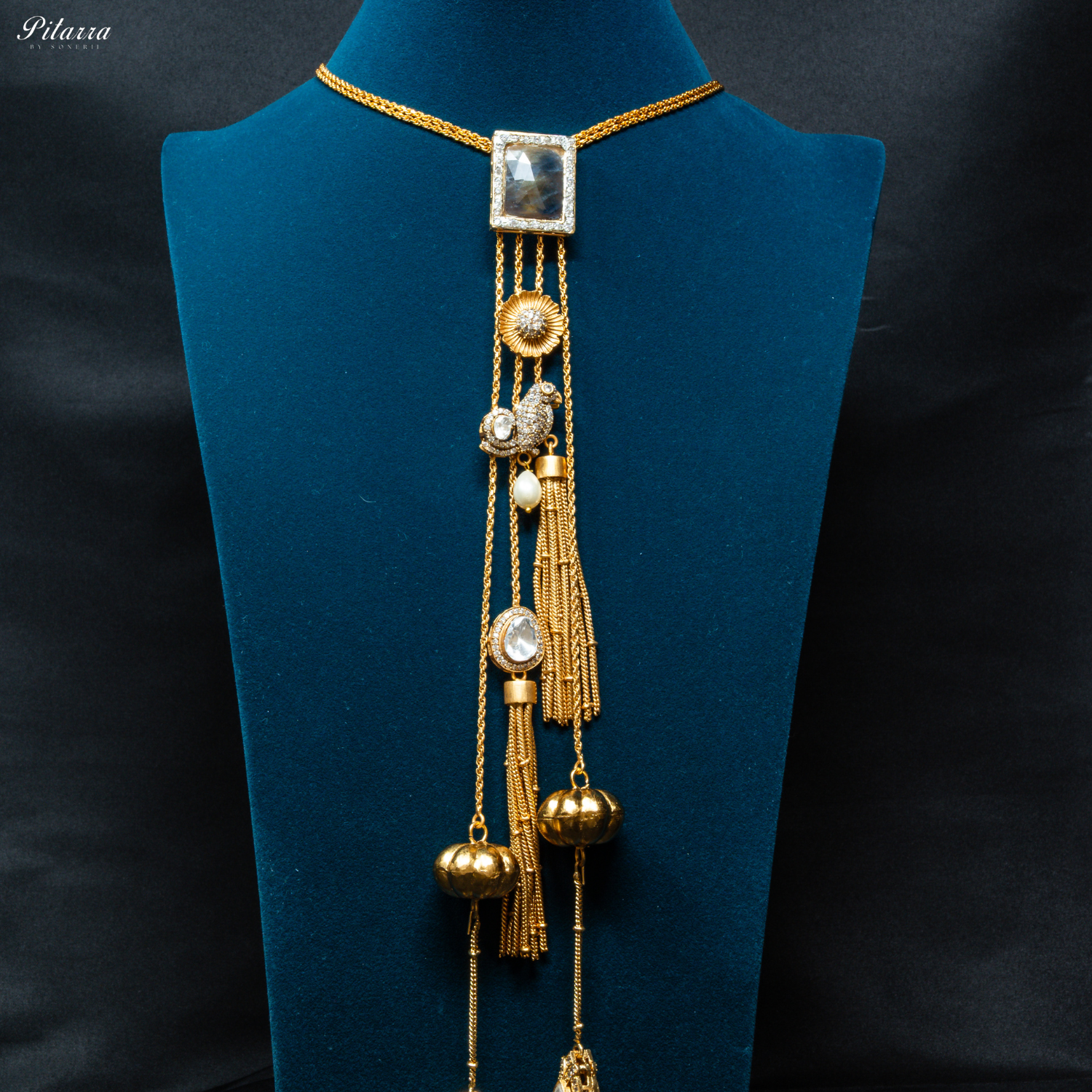 Black Square Stone Golden Statement Necklace Set_Front Image