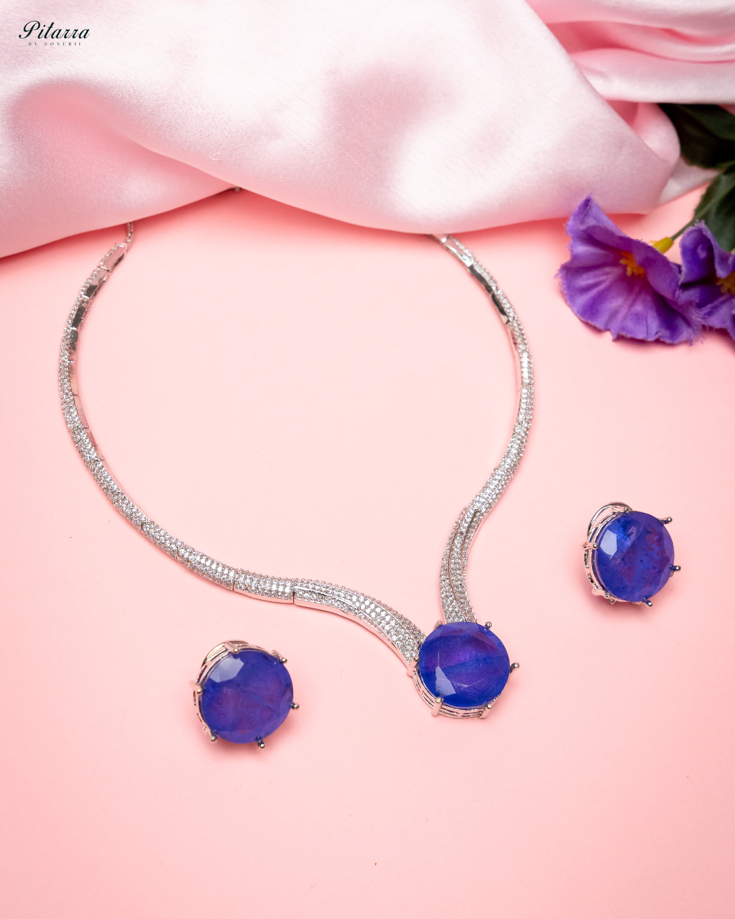Blue Drop Stone CZ Necklace Set_Front Image