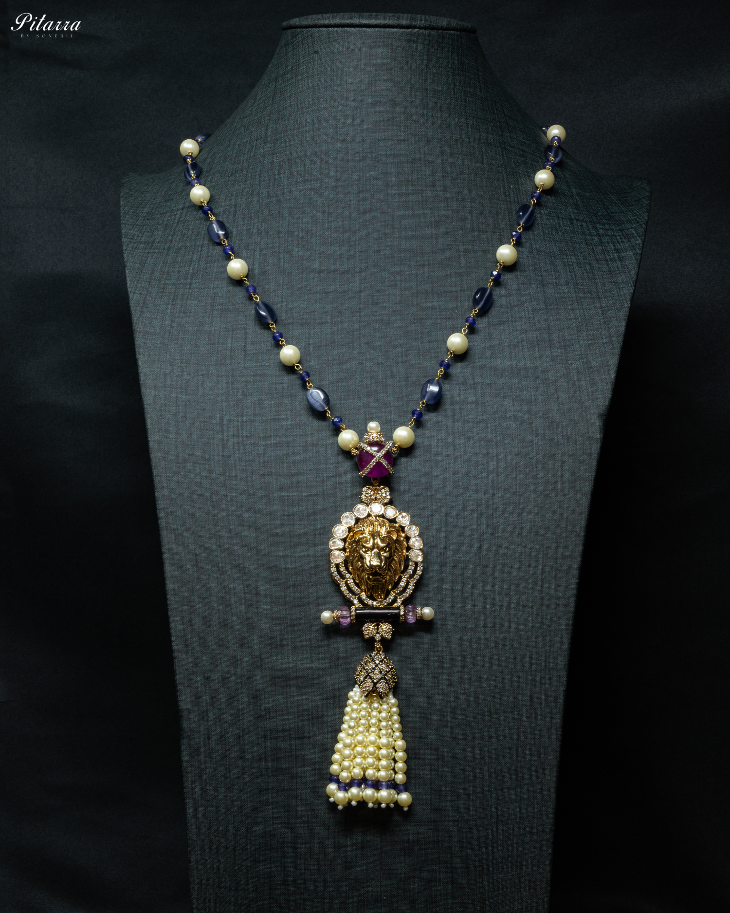 Blue Polki Kundan Pendant Necklace Set_Front Image