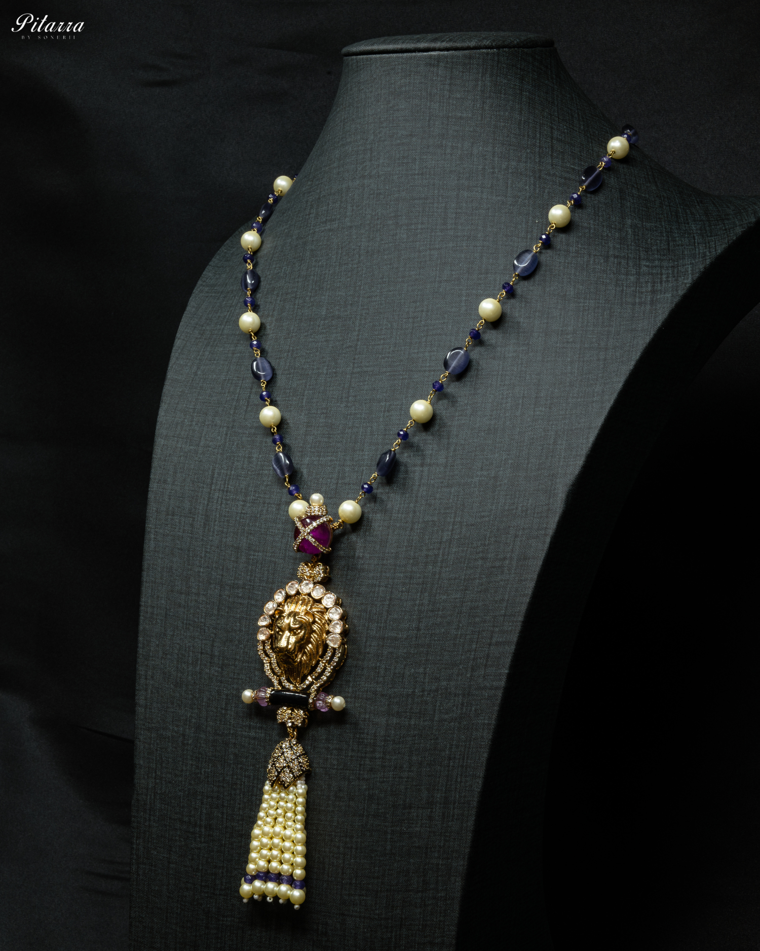 Blue Polki Kundan Pendant Necklace Set_Side Angle