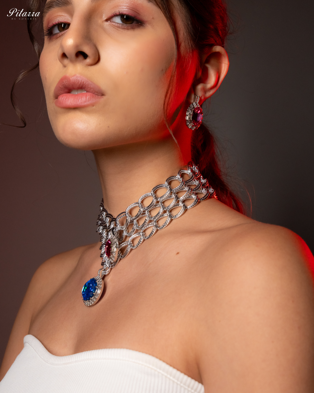 Blue Stone Statement Pendant Chain Choker_Side Image