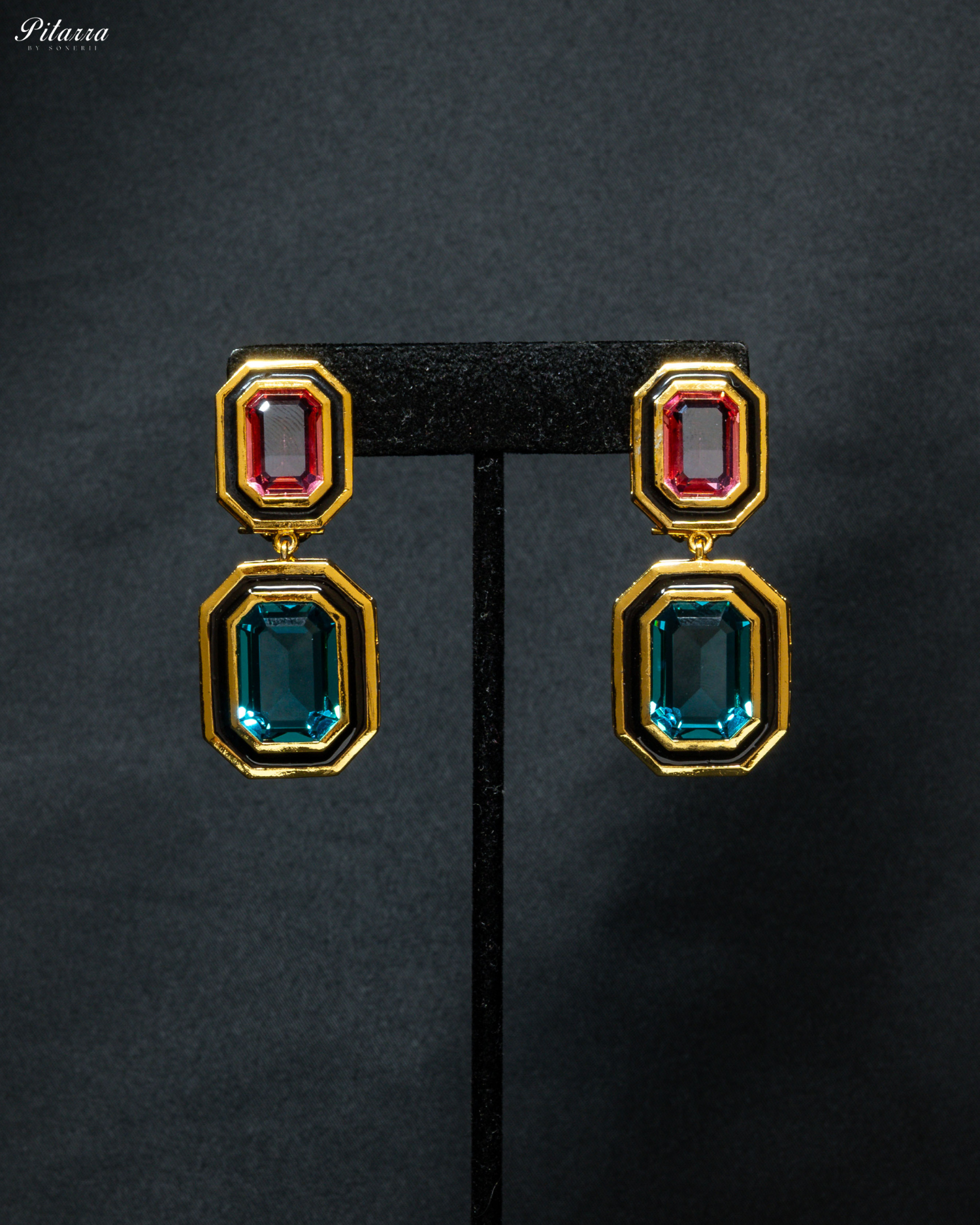 Blue and Pink Two Tone Crystal Earrings_Front Image