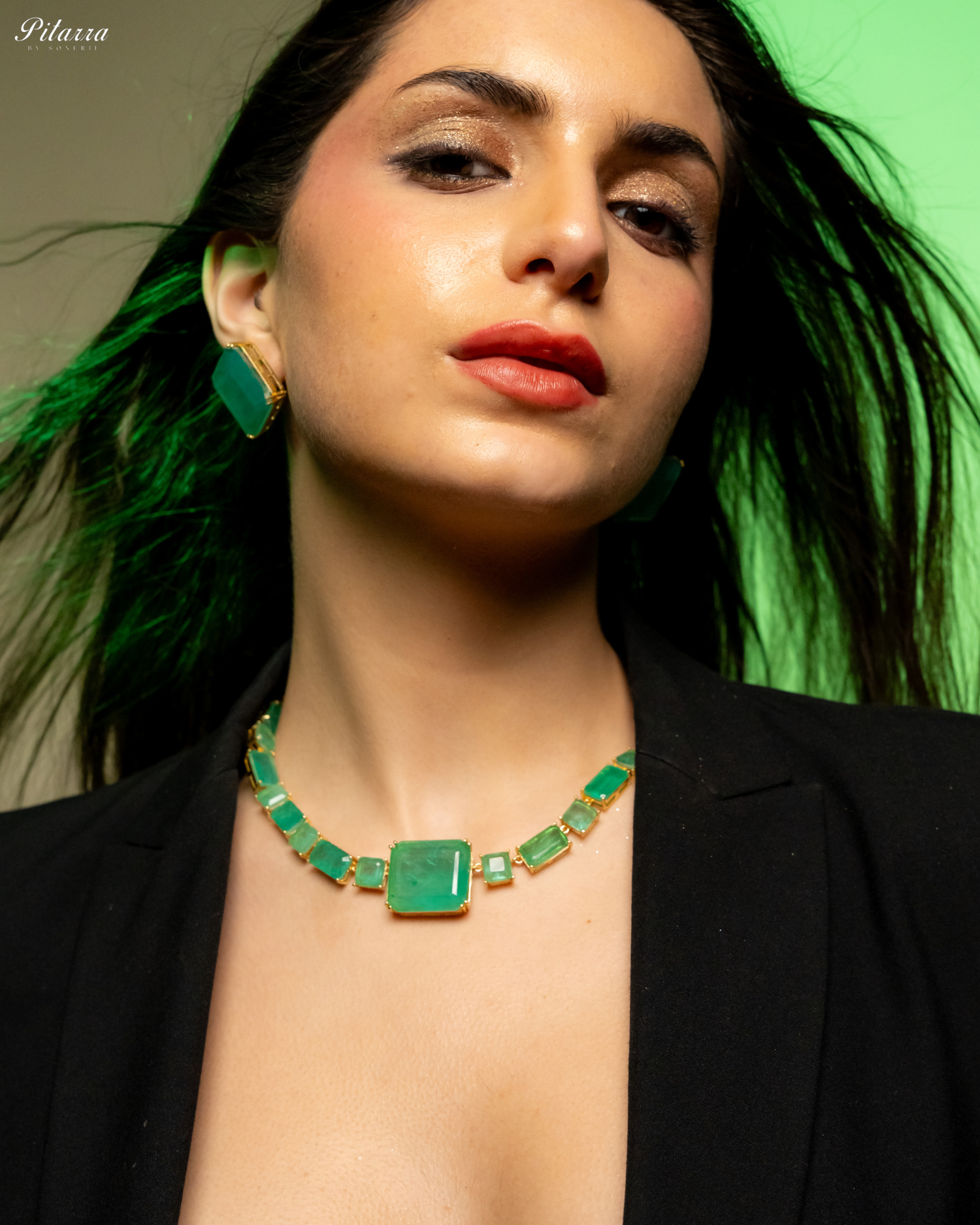 Classic Square Green CZ Necklace Set_Front Pose