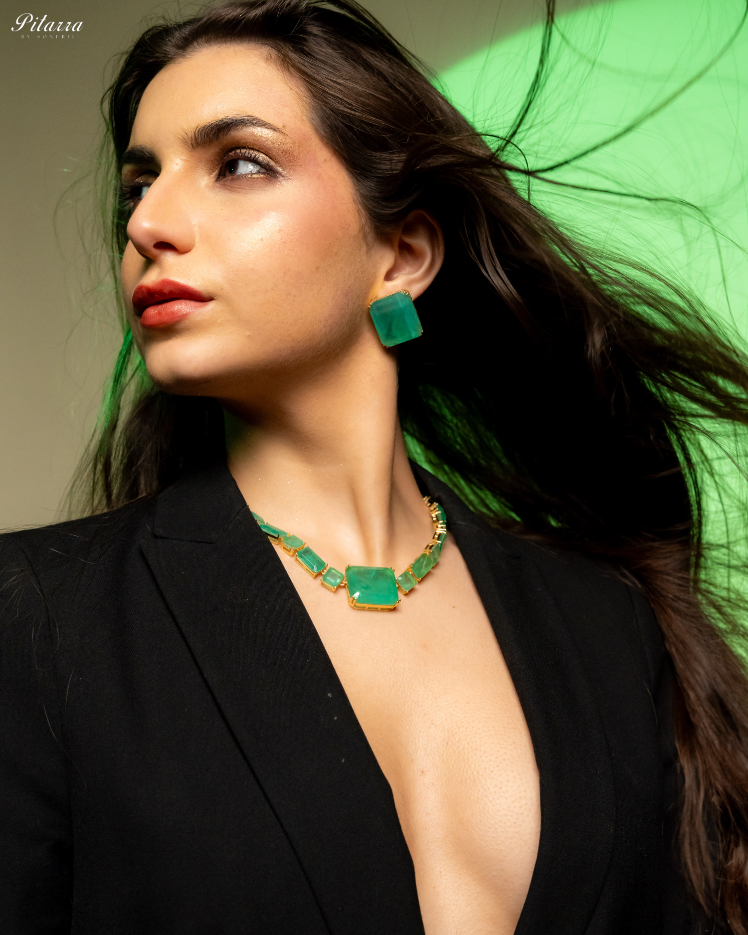 Classic Square Green CZ Necklace Set_Left Angle