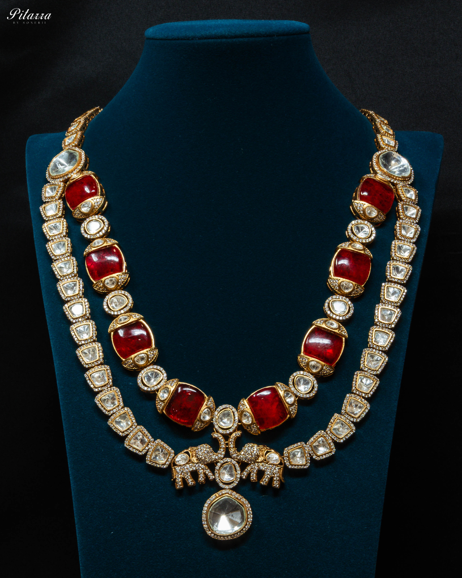 Double Layer Red Long Kundan Necklace Set_Front Image