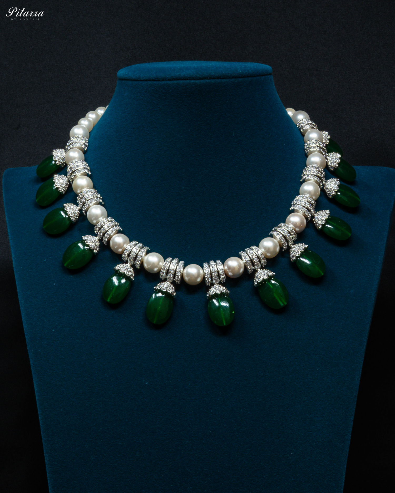 Emerald Green Drop Pearl Necklace Set_Front Image