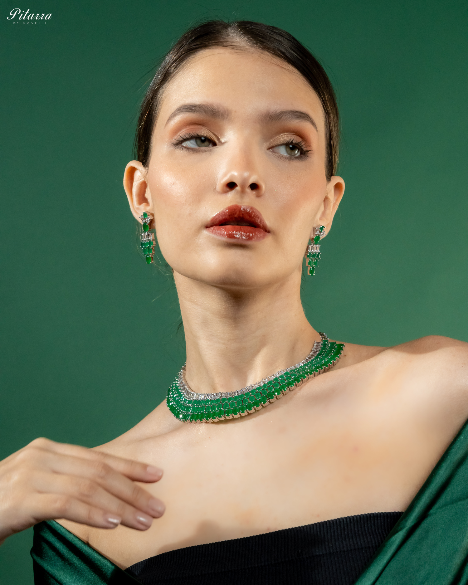 Emerald Green Silver CZ Necklace Set_Front Angle