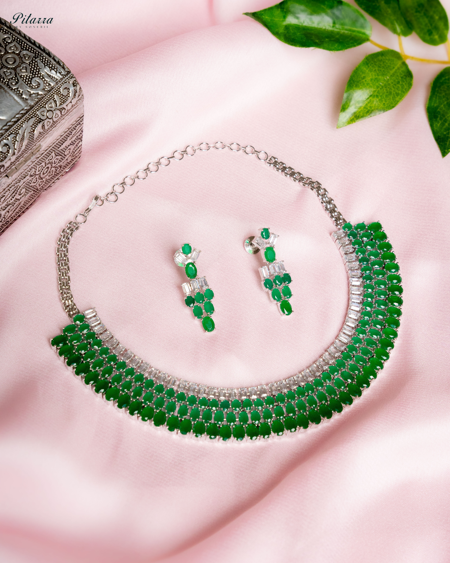 Emerald Green Silver CZ Necklace Set_Full Image