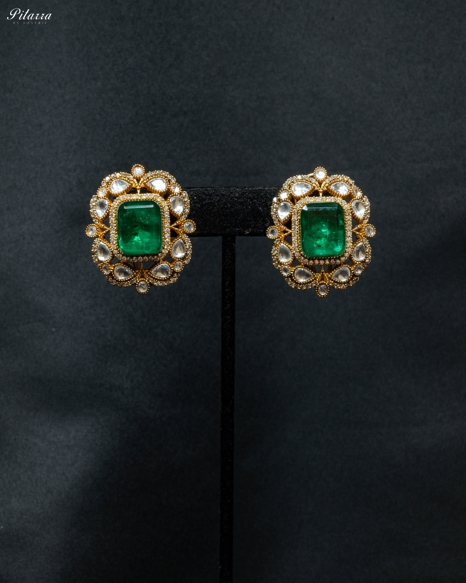 Gold Finish Emerald Stone Kundan Stud Earrings_Front Image