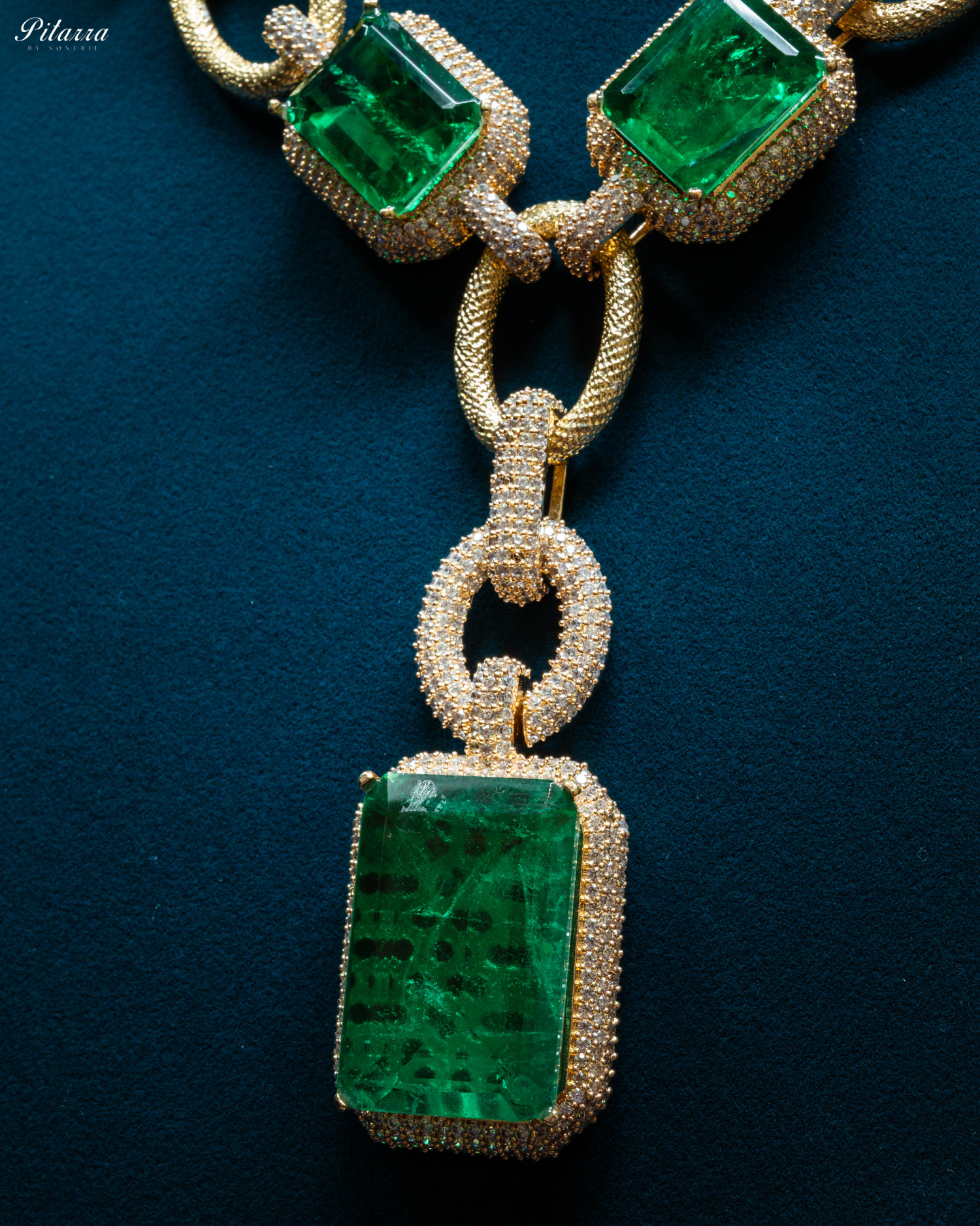 Gold Finish Emerald Stone Zircon Long Necklace Set - Zoom Angle
