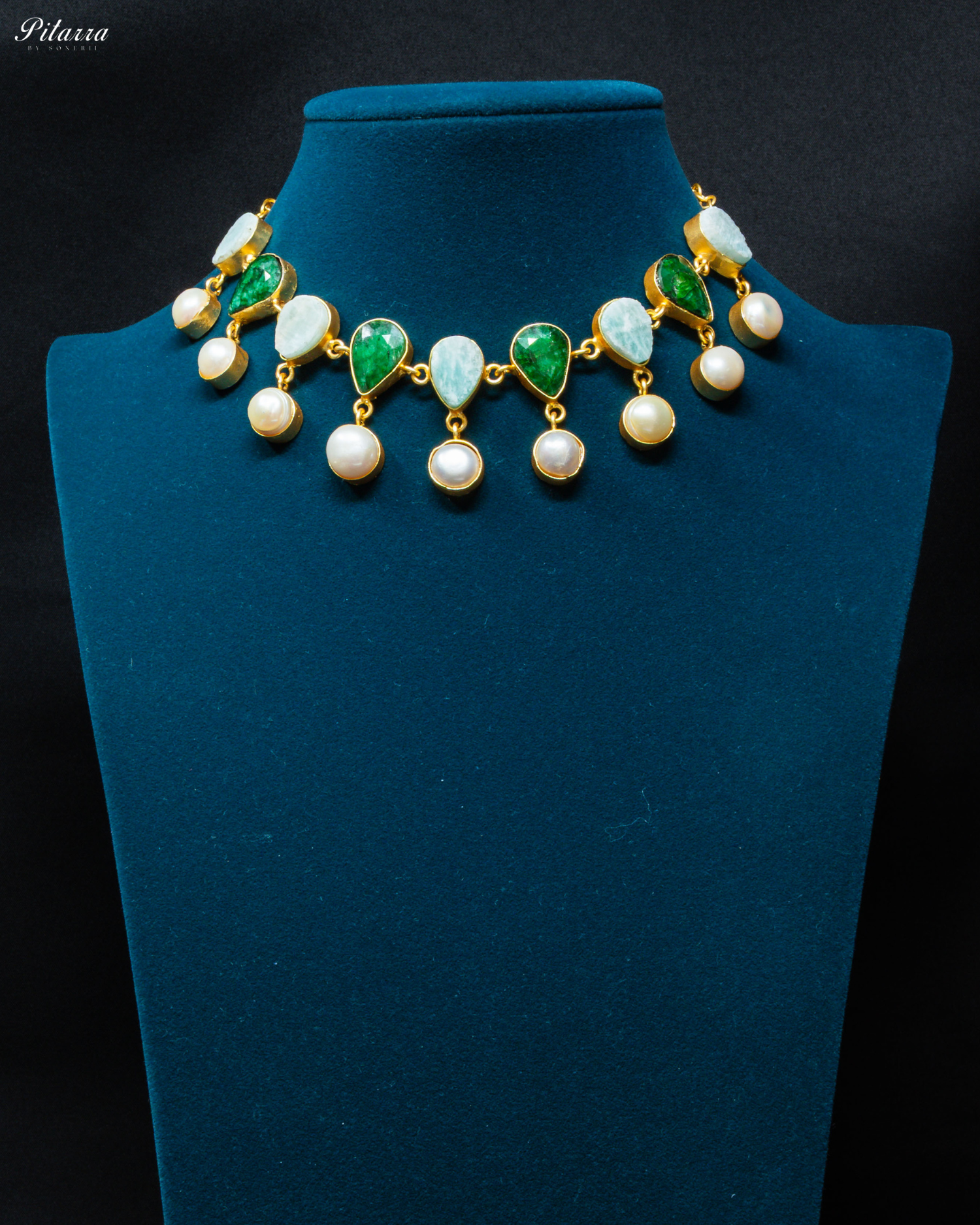 Gold Finish Green Stone Kundan Necklace Set_Front Image