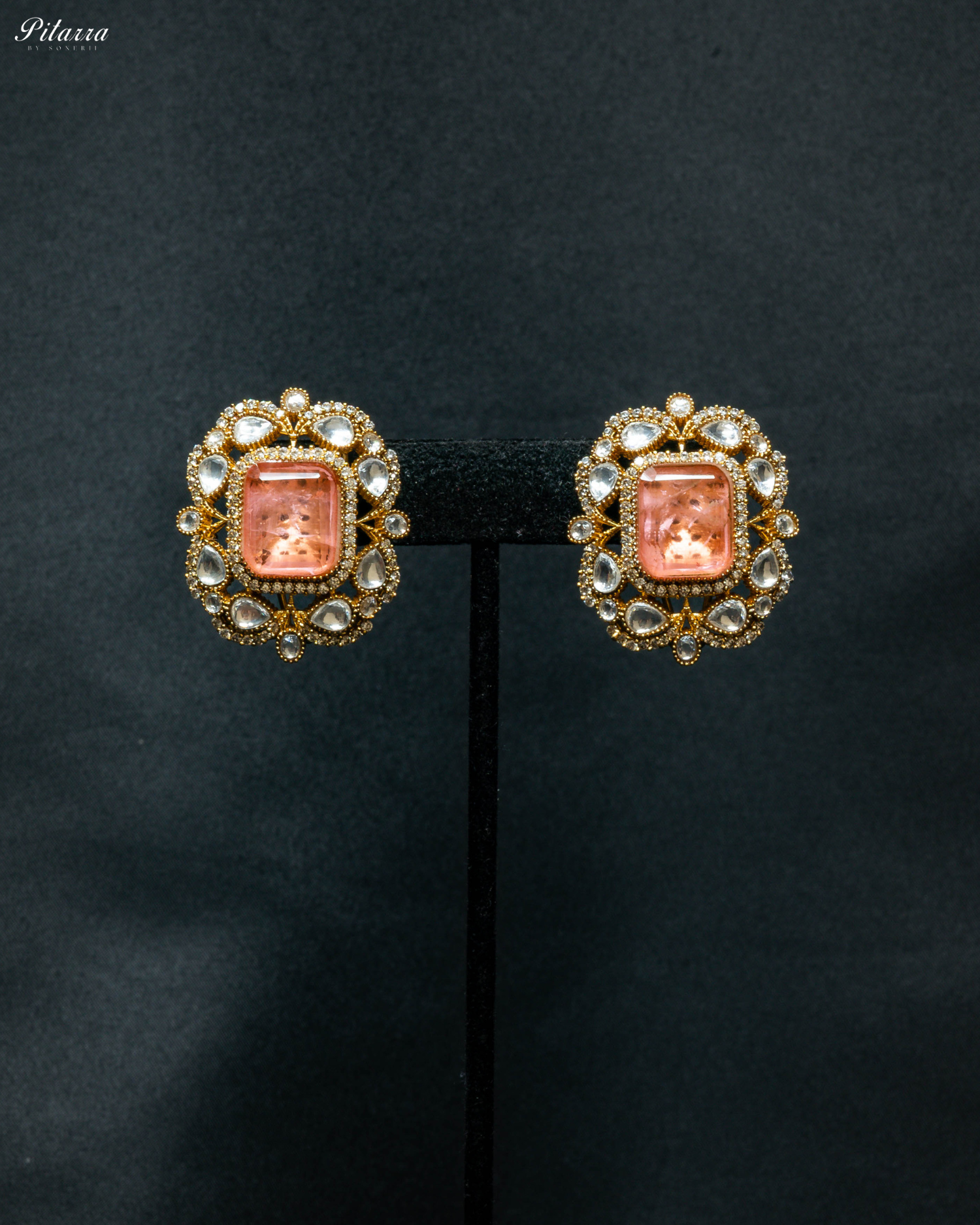 Gold Finish Peach Stone Kundan Stud Earrings_Front Image