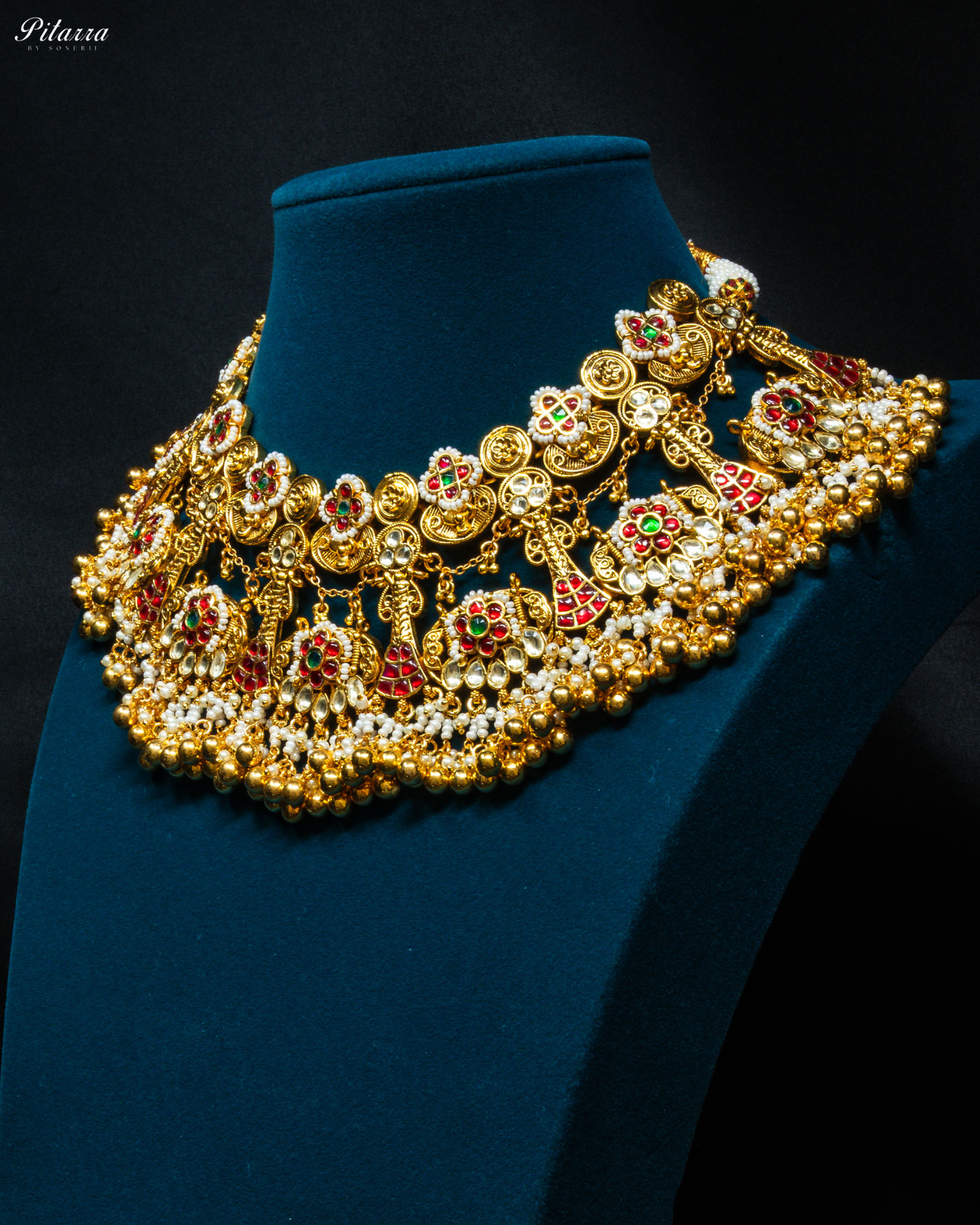 Gold Plated Green and Red Stone Studded Kundan Necklace Set_Side Angle