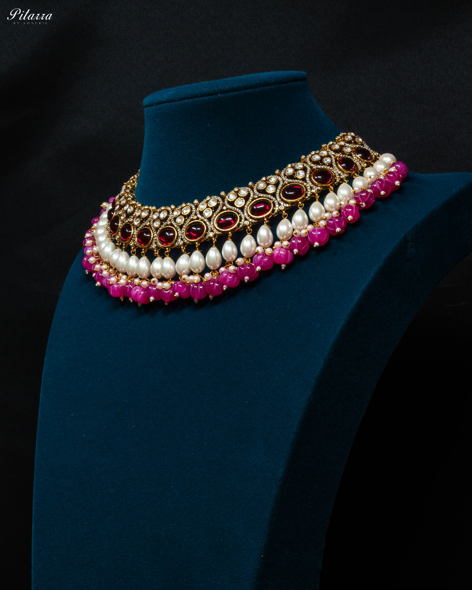 Gold Plated Pink Meenakari Kundan Necklace Set_Side Angle