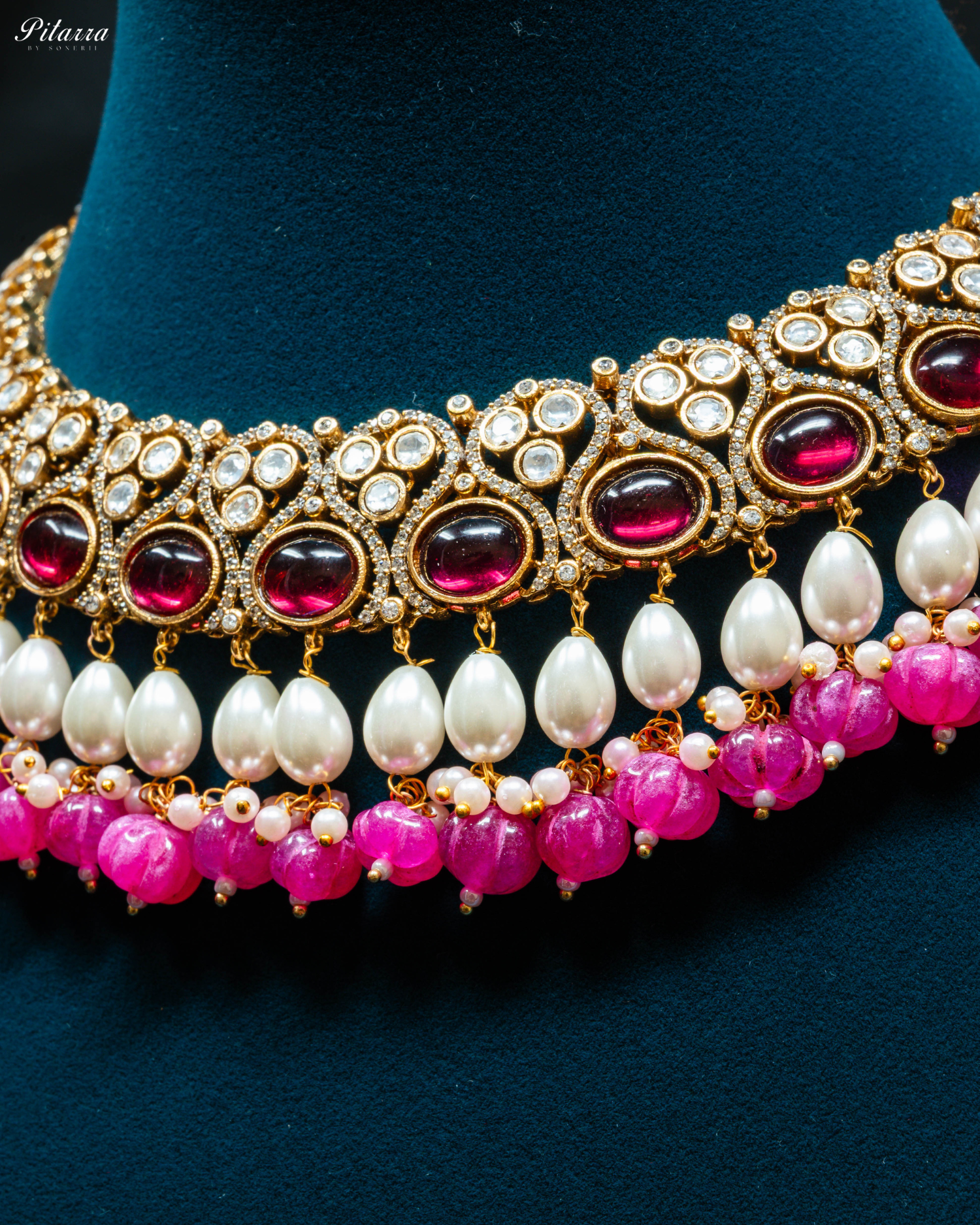 Gold Plated Pink Meenakari Kundan Necklace Set_Zoom Angle