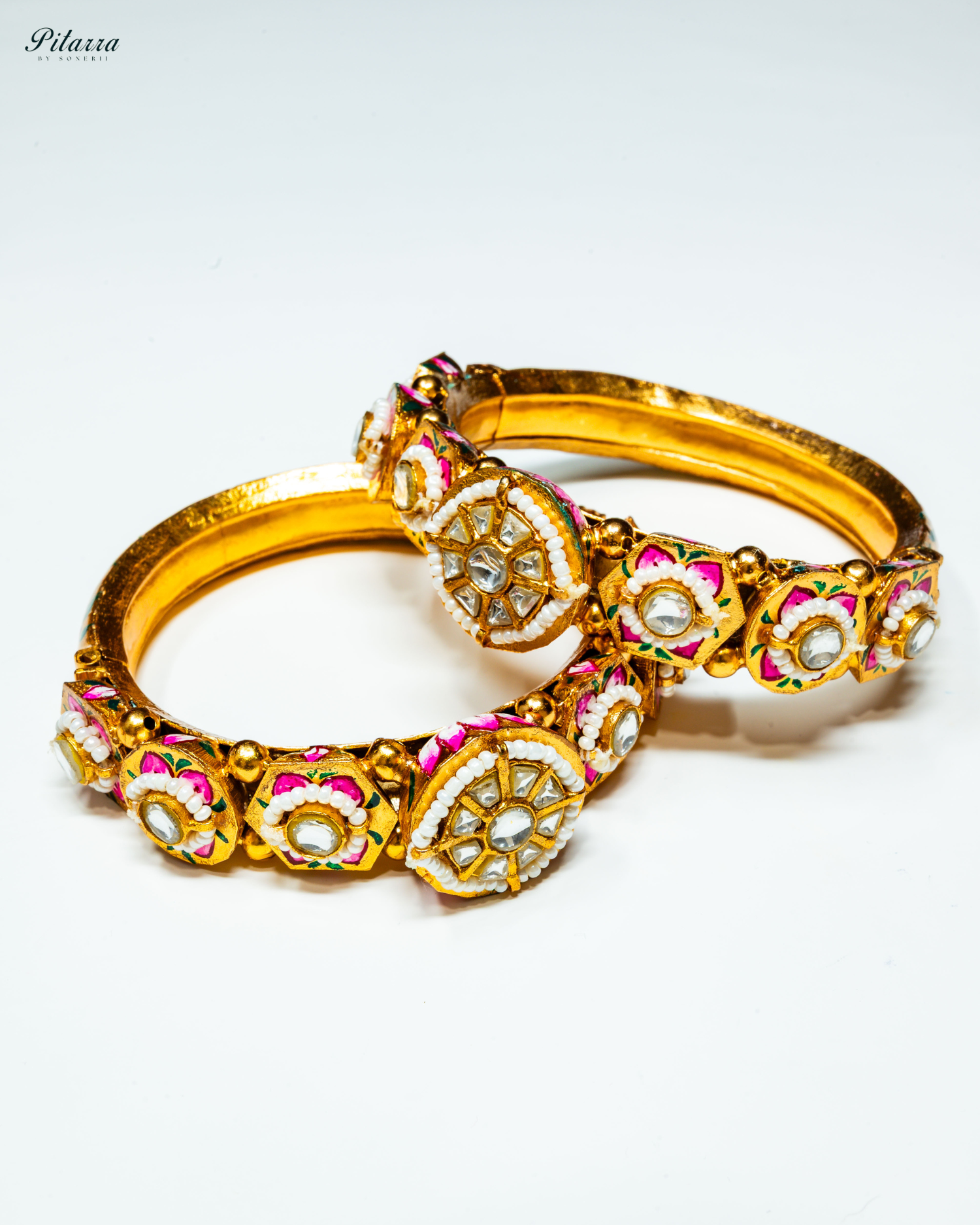 Golden Rajwadi Traditional Kundan Bangle Set_Front Image