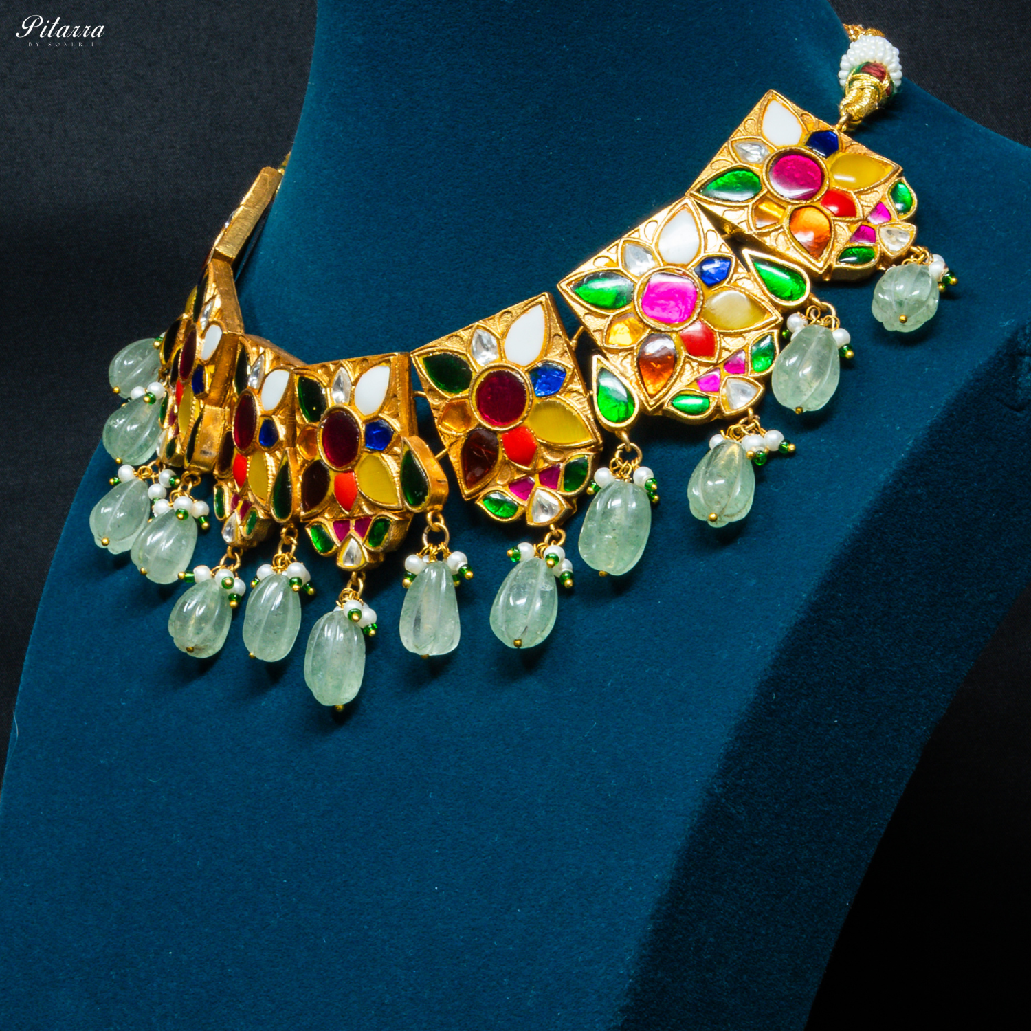 Green Beads Navratna Design Stone Choker Set_Side Angle