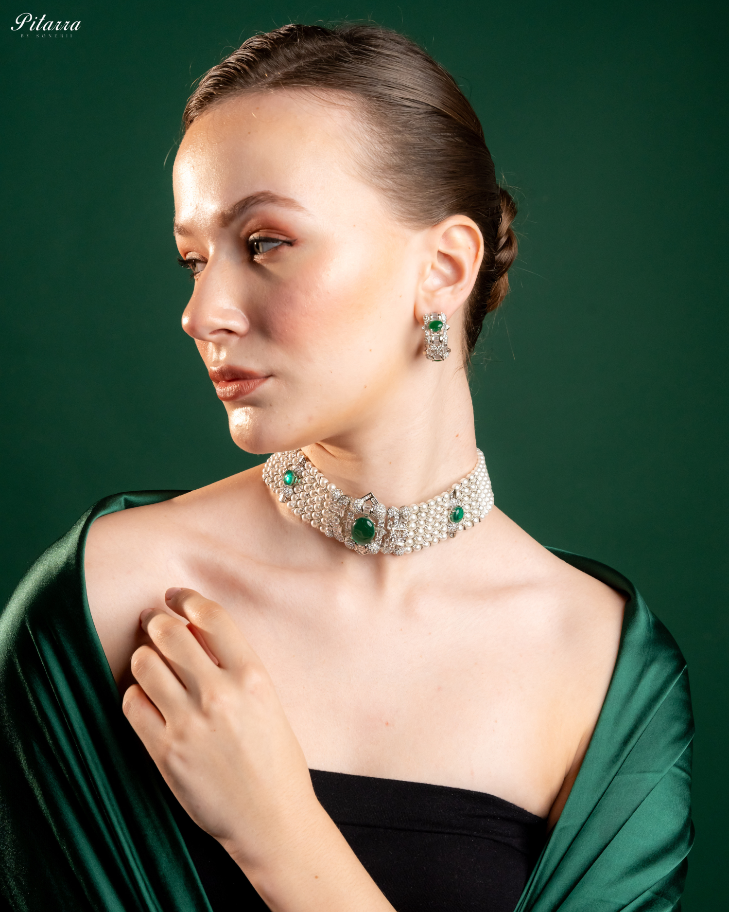 Green Carved Doublet and Pearl Choker_Left Angle