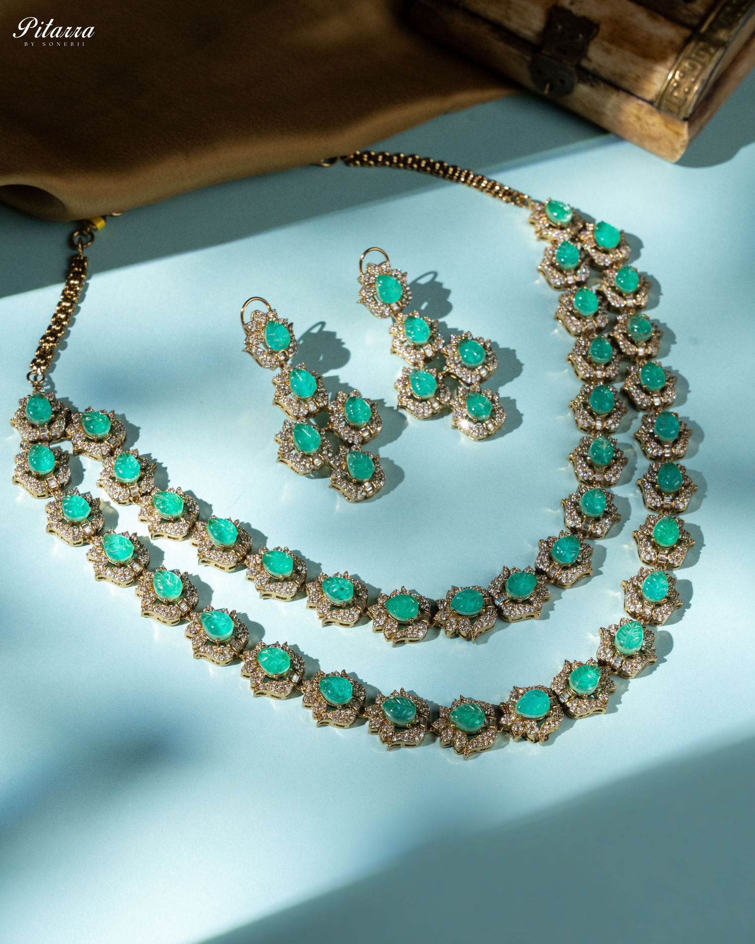Green Cubic Zicronia Double Layer Traditional Long Necklace Set