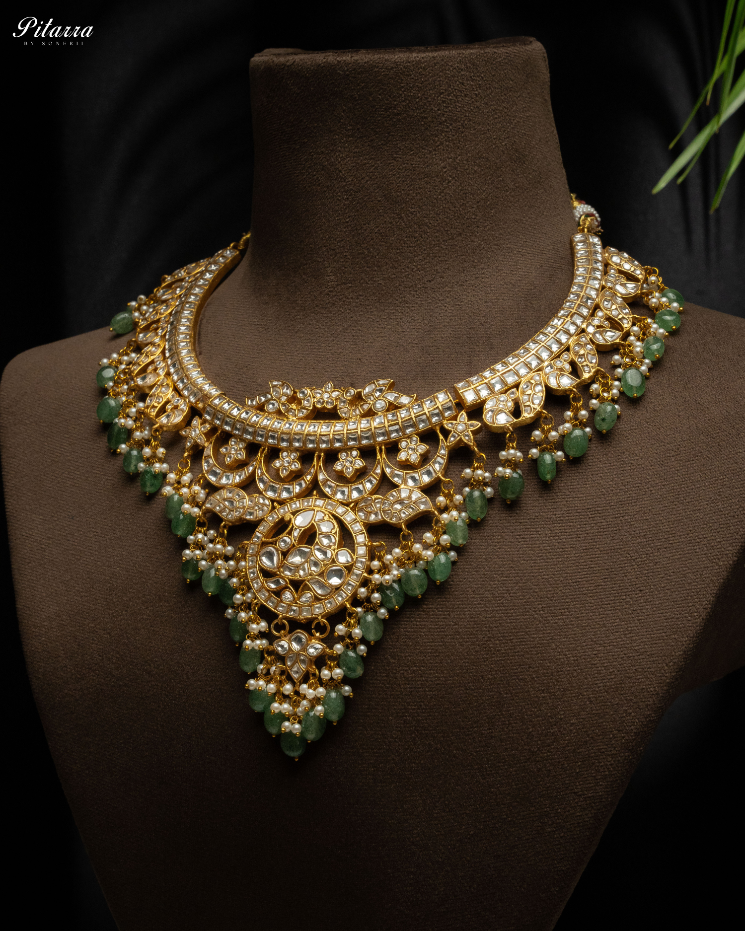 Green Gold Plated Jadau Traditional Kundan Necklace Set Side Angle