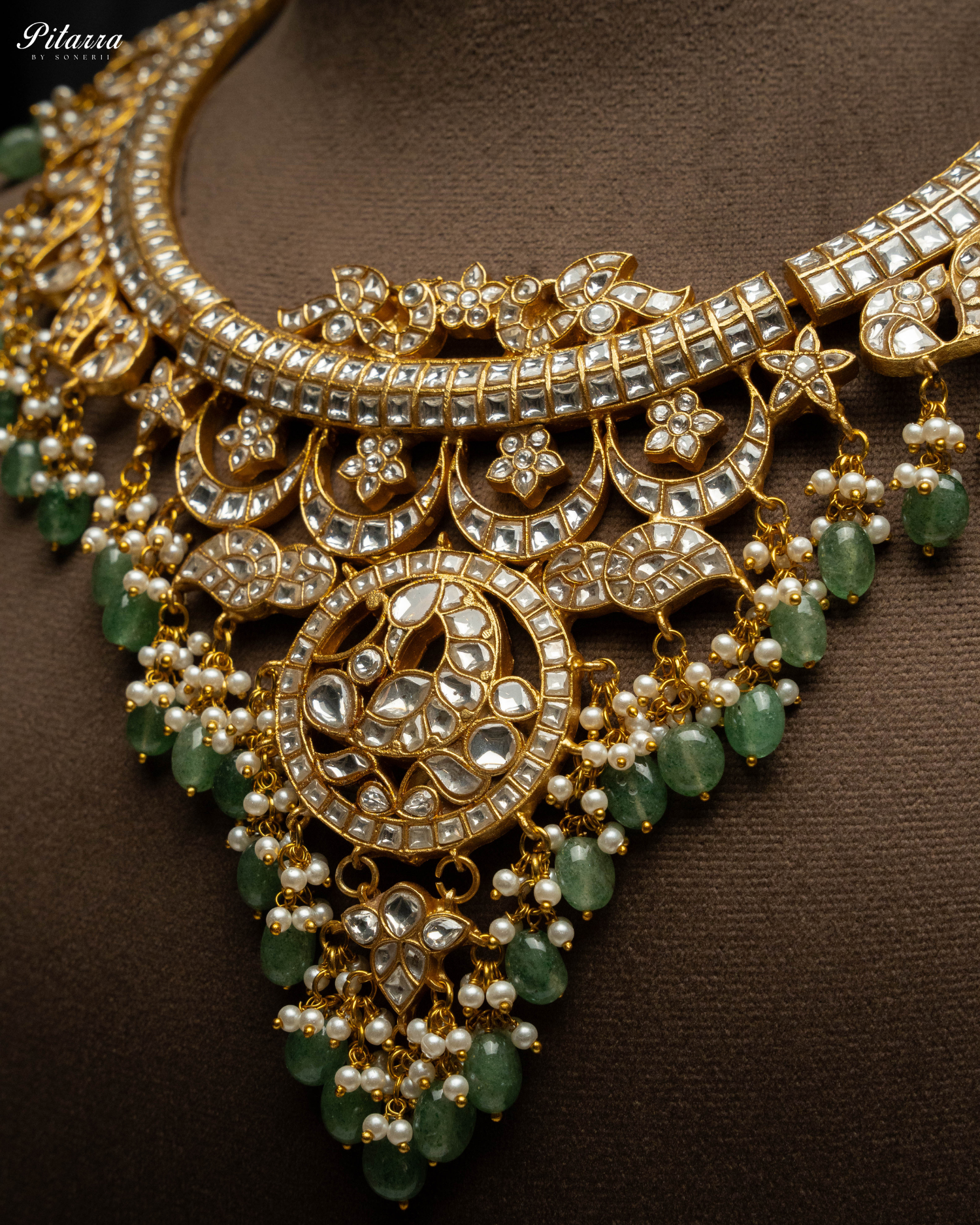 Green Gold Plated Jadau Traditional Kundan Necklace Set Zoom Angle