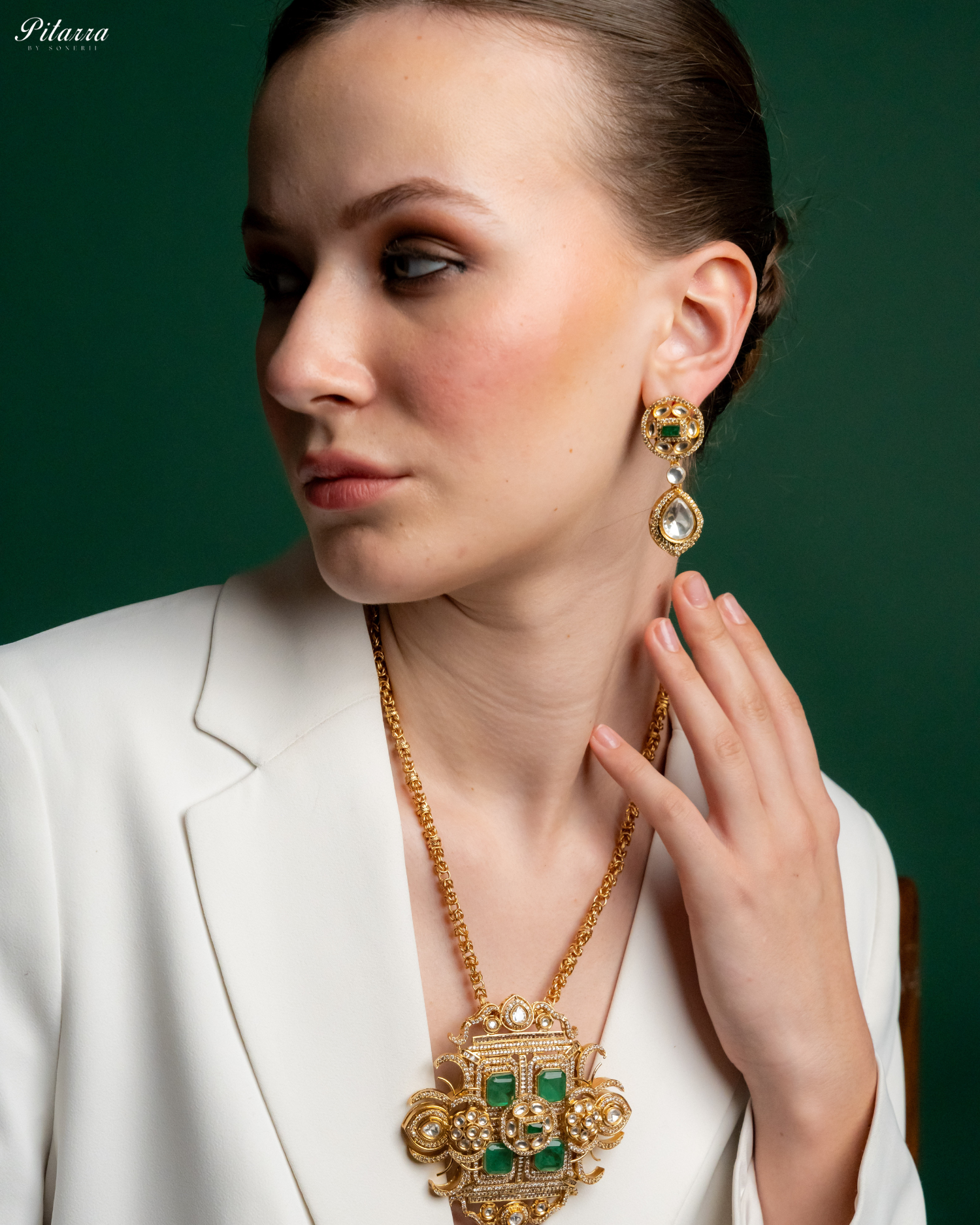 Green Moissanite Stone Long Necklace Set_Left Angle