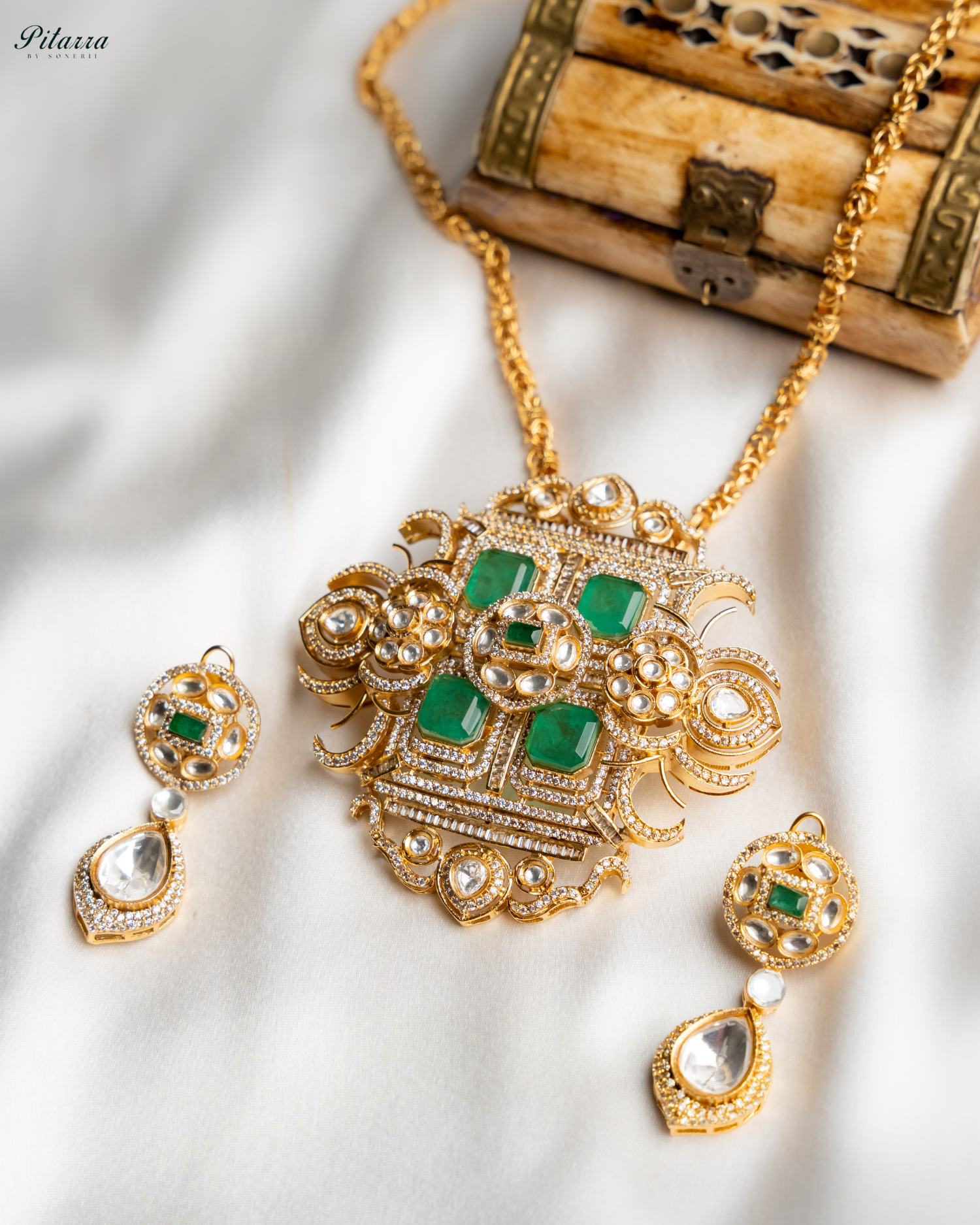 Green Moissanite Stone Long Necklace Set_Main Image