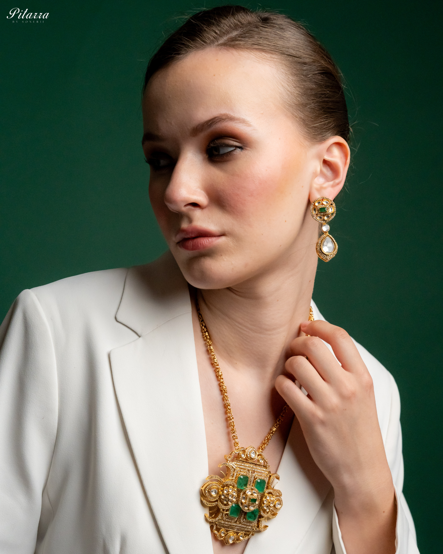 Green Moissanite Stone Long Necklace Set_Side