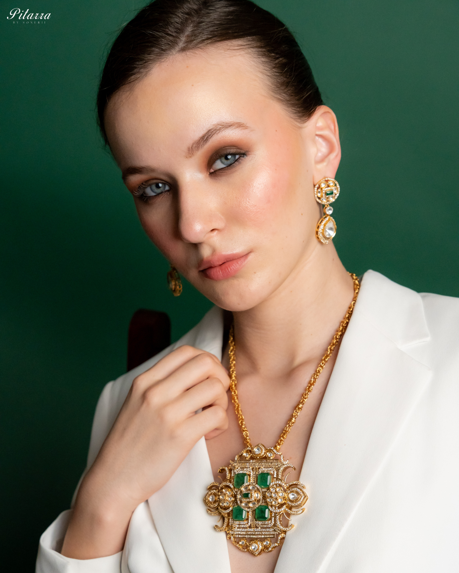 Green Moissanite Stone Long Necklace Set_Side Pose