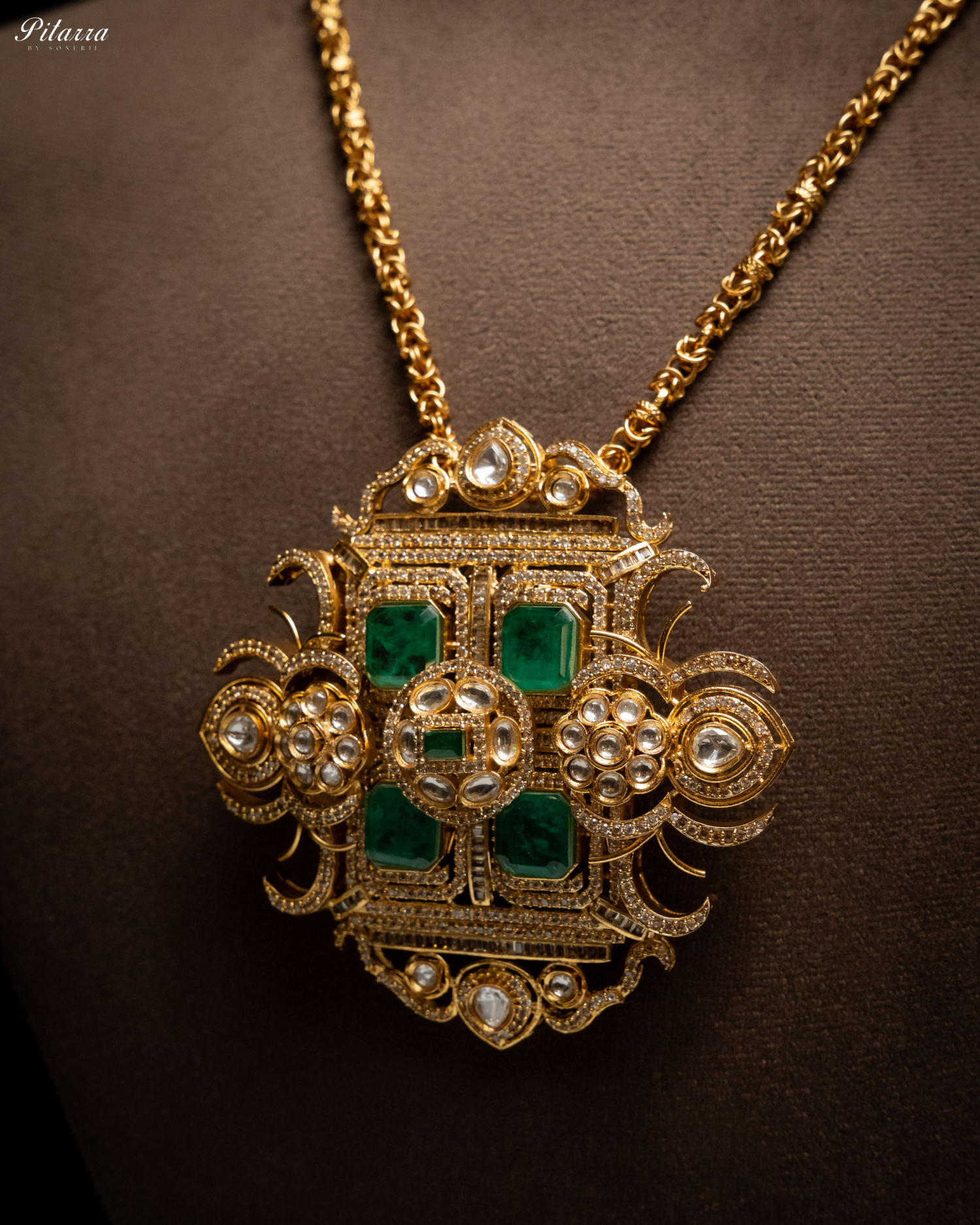 Green Moissanite Stone Long Necklace Set_Zoom Angle